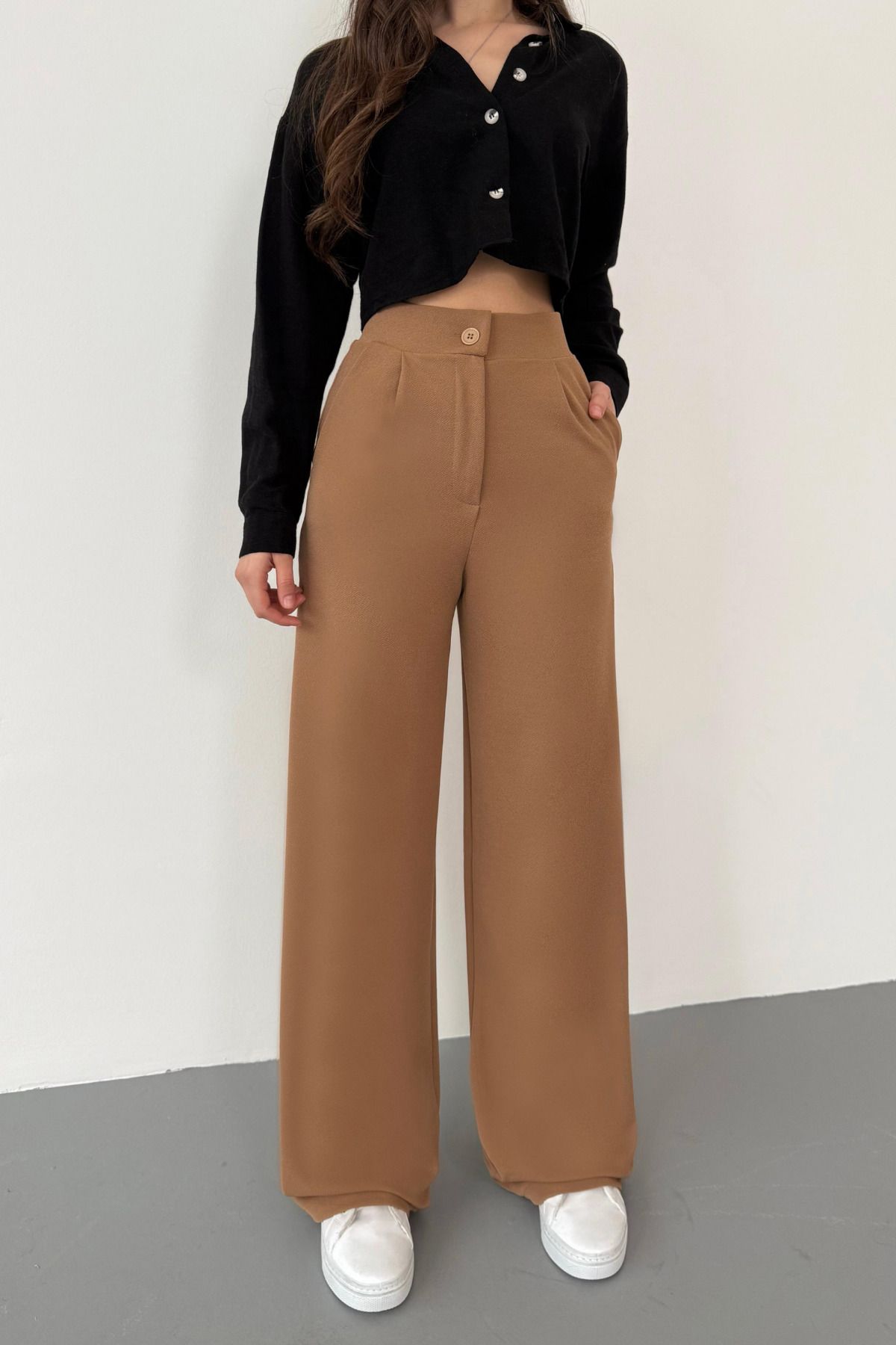 BİKELİFE-Γυναικείο παντελόνι Tan Lycra Palazzo Loose Wide Leg 3