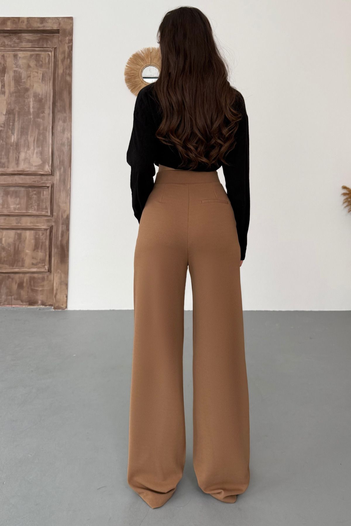 BİKELİFE-Γυναικείο παντελόνι Tan Lycra Palazzo Loose Wide Leg 4