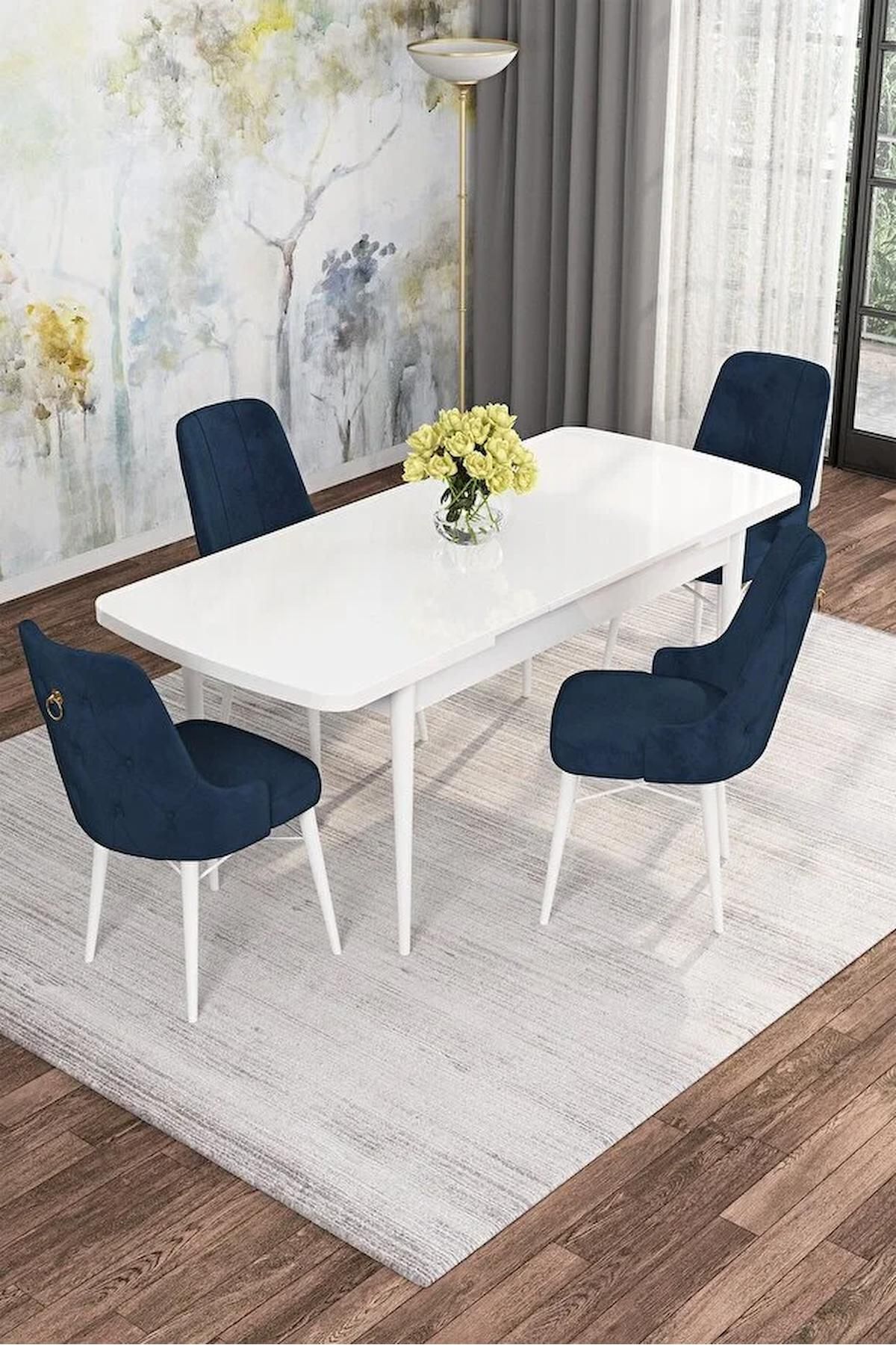 Mona Serisi Beyaz 80x132 Açılabilir Mdf Mutfak Masası Takımı 4 Adet Lacivert Sandalye-1