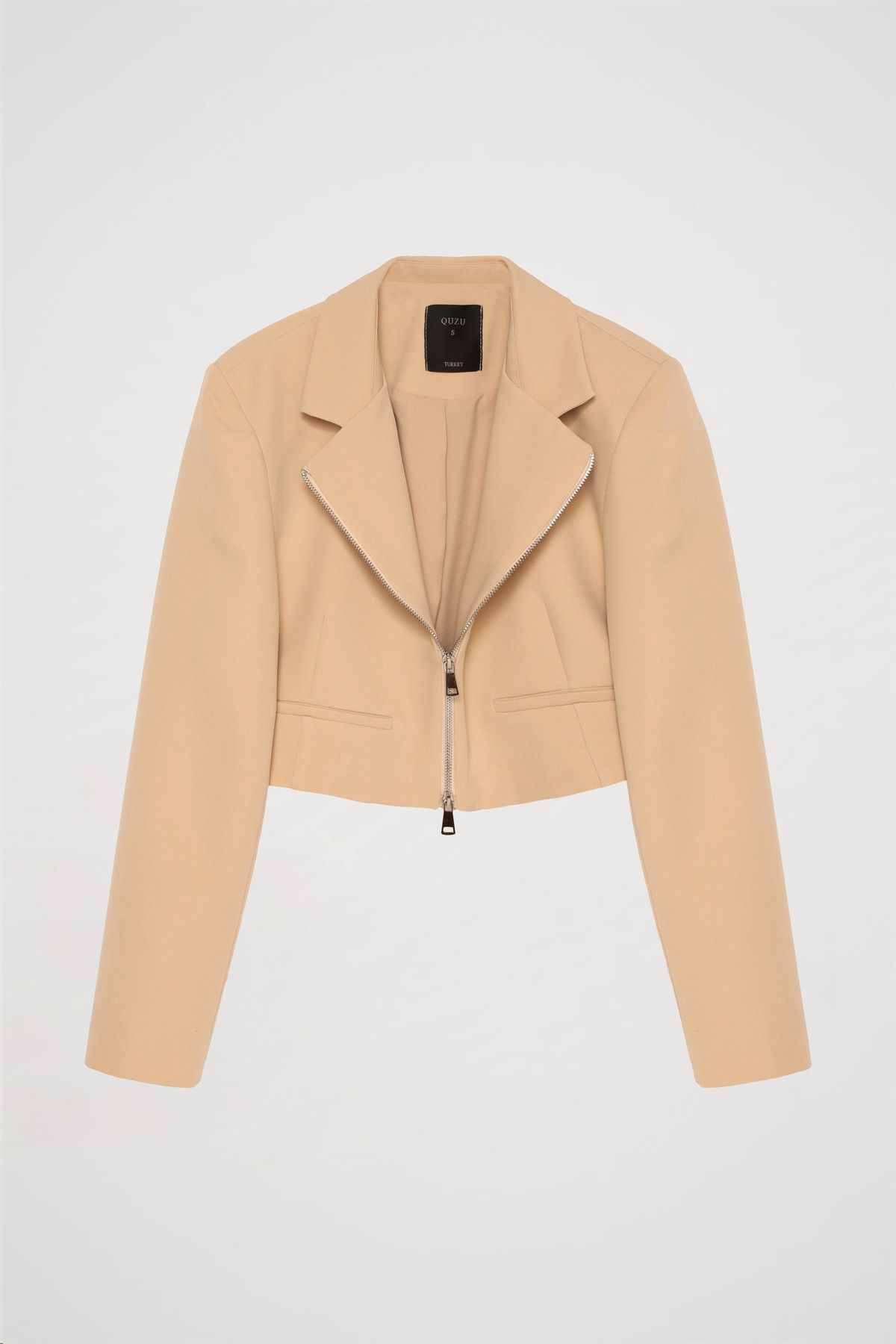 Quzu-Jachetă Blazer Crop Bej - Fermoar în față 2