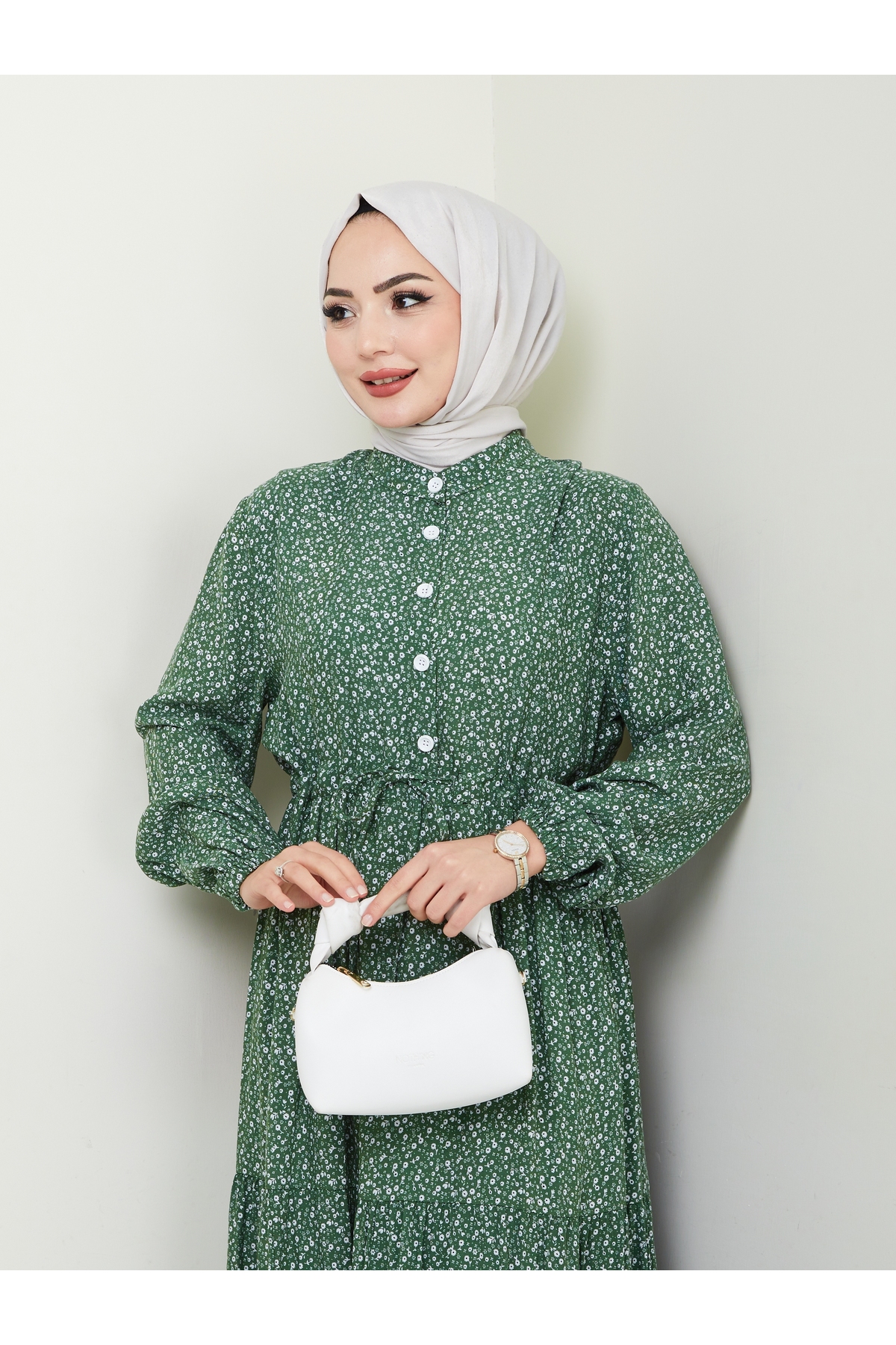 Nevayla Moda  Düğme Detaylı Çiçekli Viskon Elbise - Haki / E0123 - Görsel 3