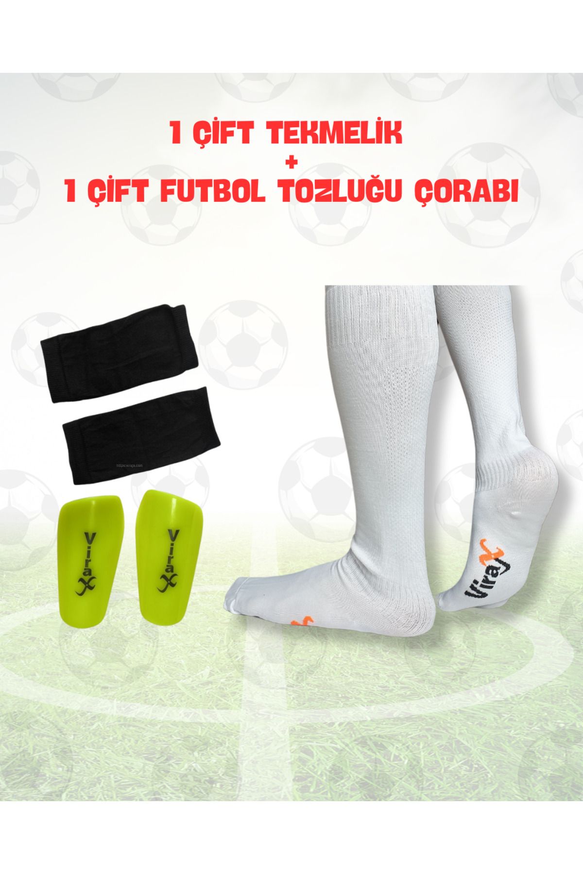 virajx Futbol Uzun Tozluk(Çorap) ve Kaval Koruyucu Tekmelik Antrenman Seti (Beyaz)