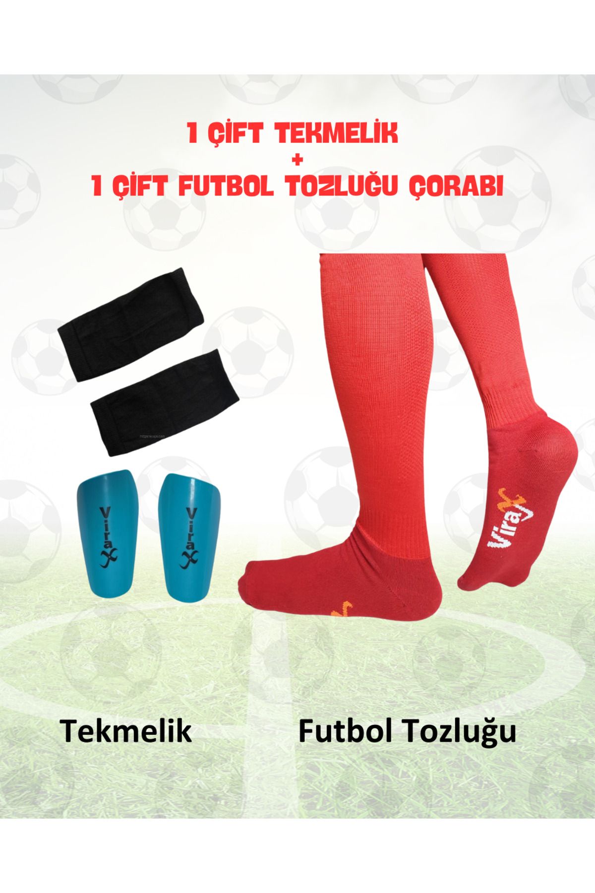 virajx Futbol Uzun Tozluk(Çorap) ve Kaval Koruyucu Tekmelik Antrenman Seti (KIRMIZI)