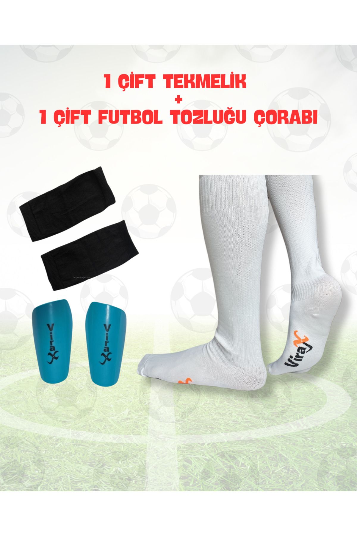 virajx Futbol Uzun Tozluk(Çorap) ve Kaval Koruyucu Tekmelik Antrenman Seti (Beyaz)