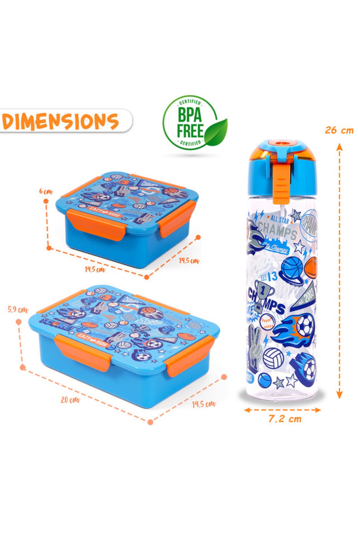 Eazy Kids-Lunch Box Set and Tritan Water Bottle w / Spray, Soccer - Blue, 750ml 8