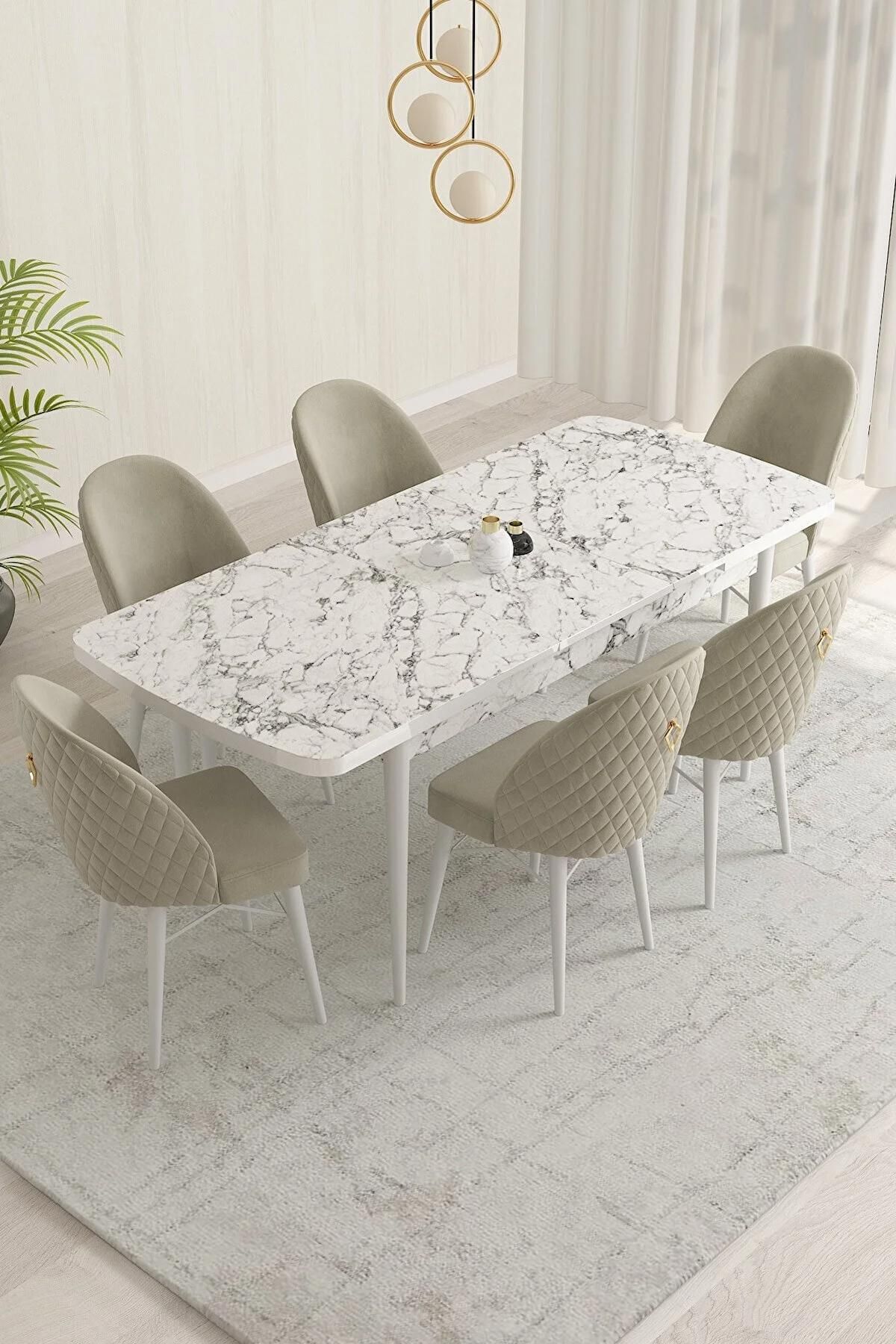 Liora Serisi Beyaz Mermer 80x132 Açılabilir Mdf Mutfak Masası Takımı 6 Adet Krem Sandalye-1