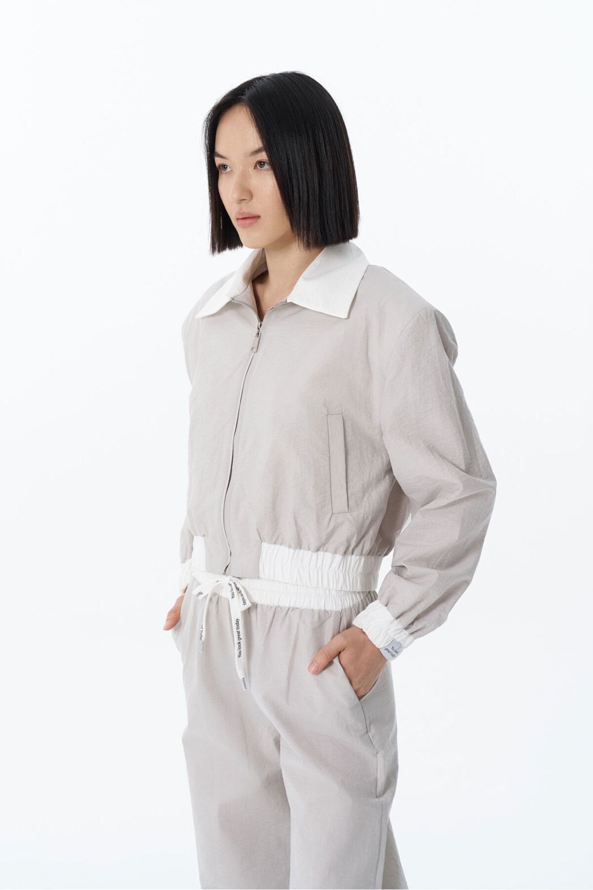 Quzu-Gray Bomber Jacket - Color Block and Elastic Waist 4