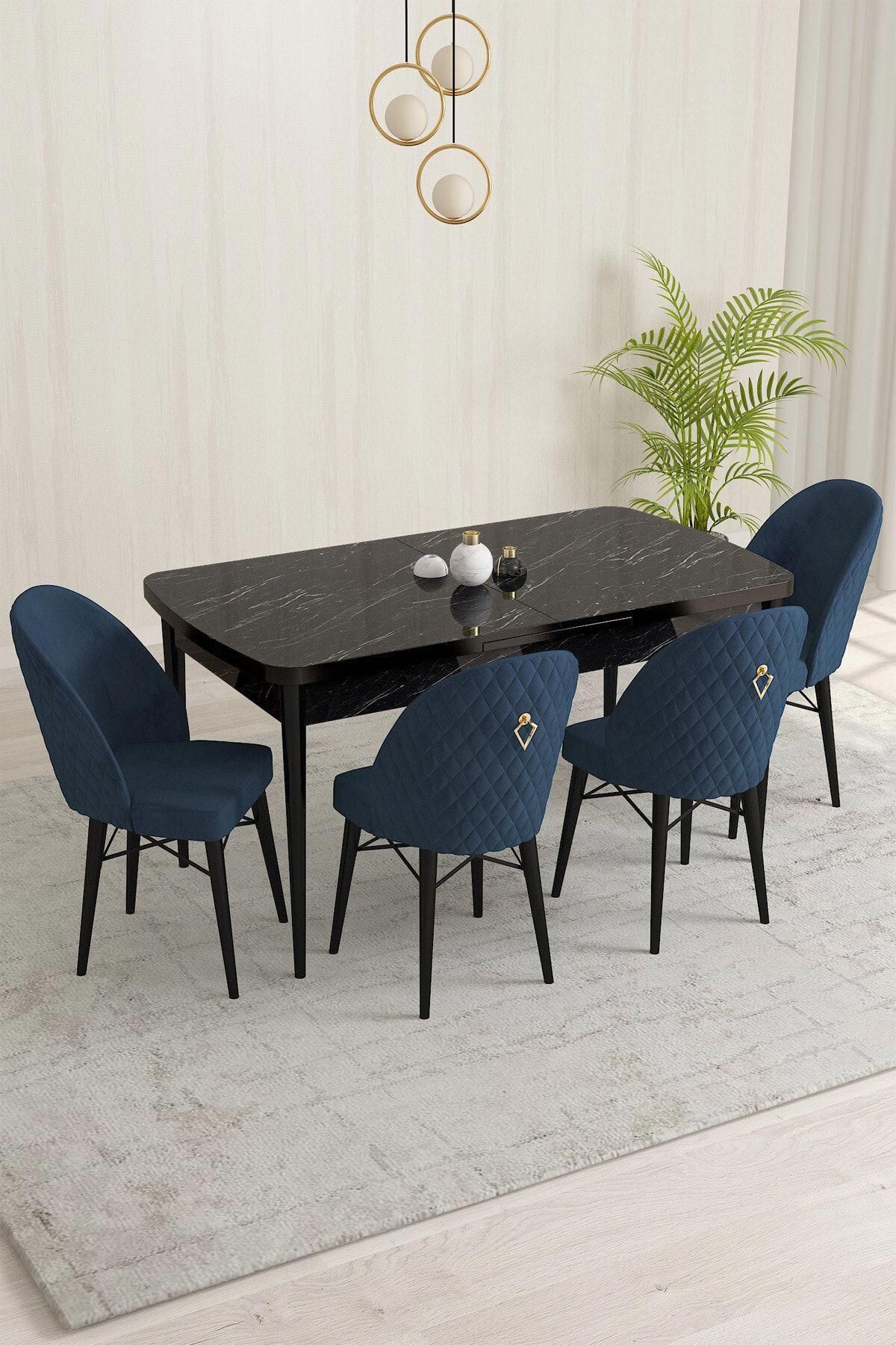 Liora Serisi Siyah Mermer 70x114 Açılabilir Mdf Mutfak Masası Takımı 4 Adet Lacivert Sandalye-0
