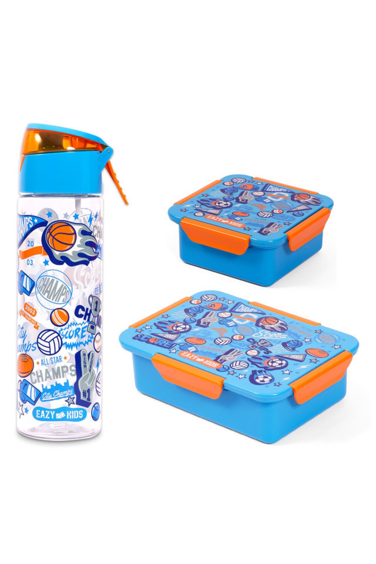 Eazy Kids Lunch Box Set and Tritan Water Bottle w / Spray, Soccer - Blue, 750ml