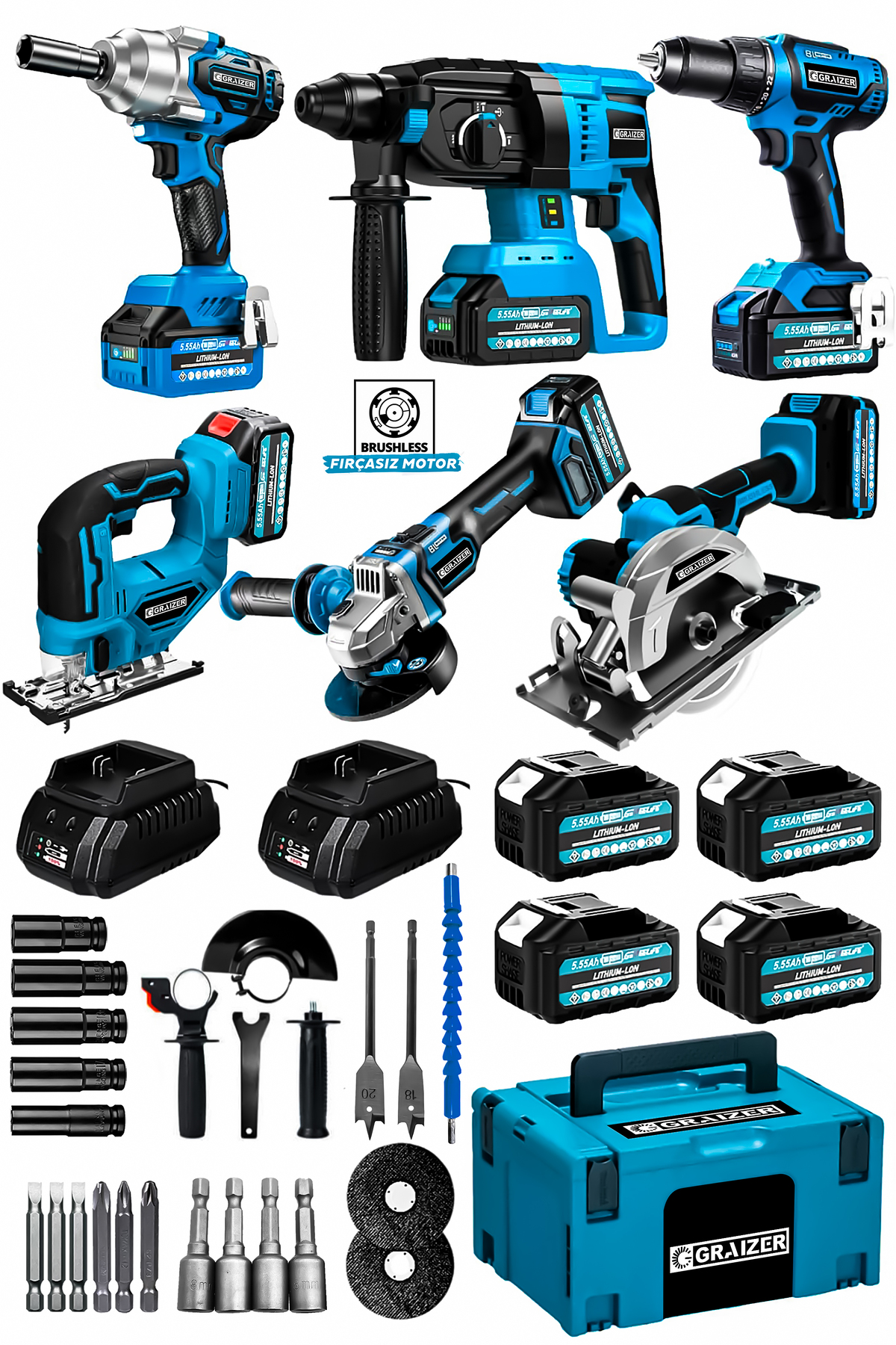 Graizer Combo Set Kömürsüz Akülü Vidalama Somun Taşlama Testere