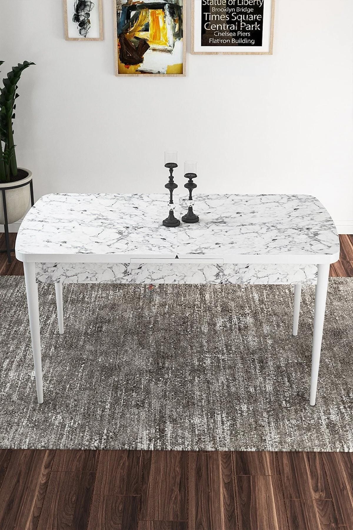 Liora Serisi Beyaz Mermer 80x132 Açılabilir Mdf Mutfak Masası Takımı 6 Adet Krem Sandalye-2