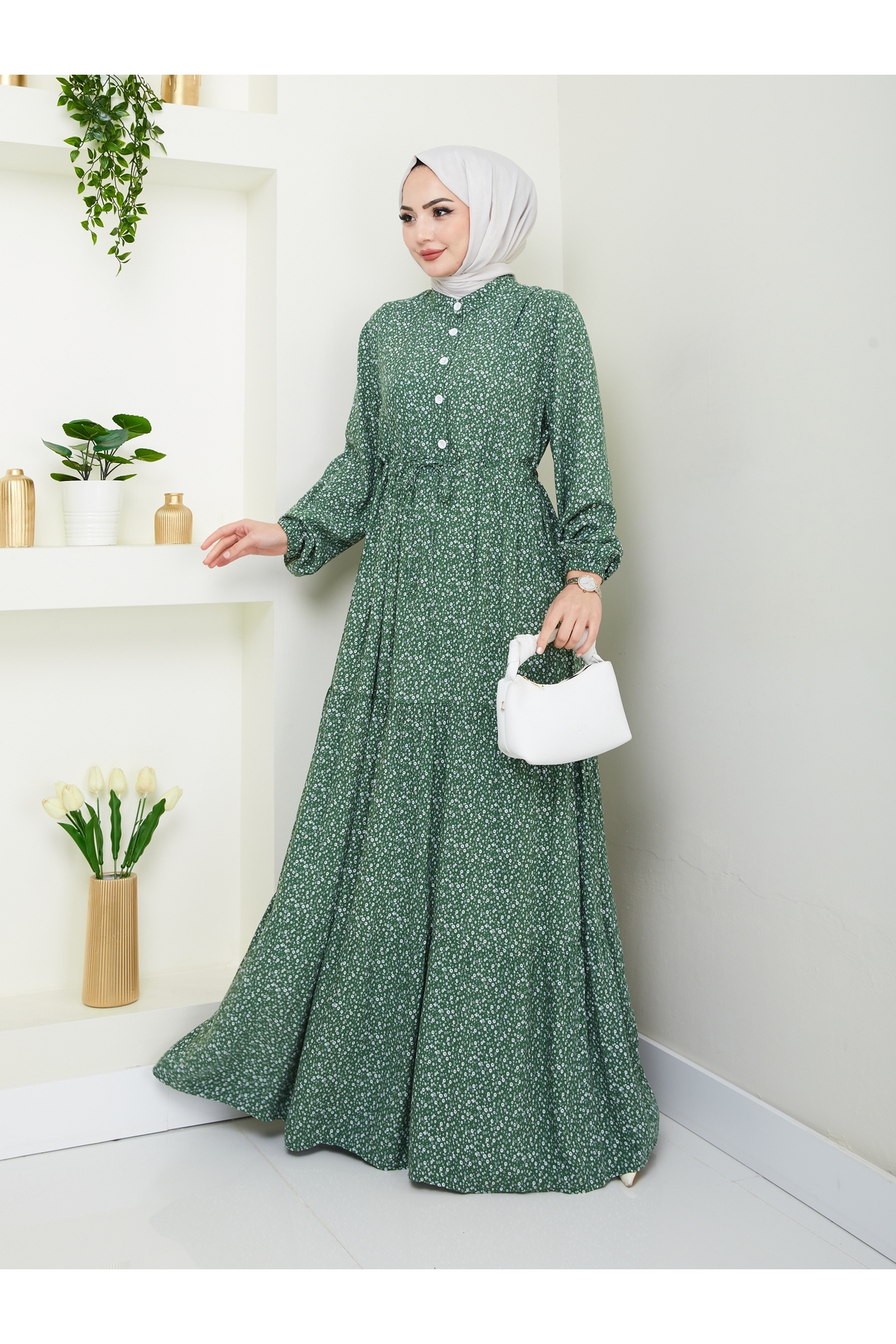 Nevayla Moda  Düğme Detaylı Çiçekli Viskon Elbise - Haki / E0123