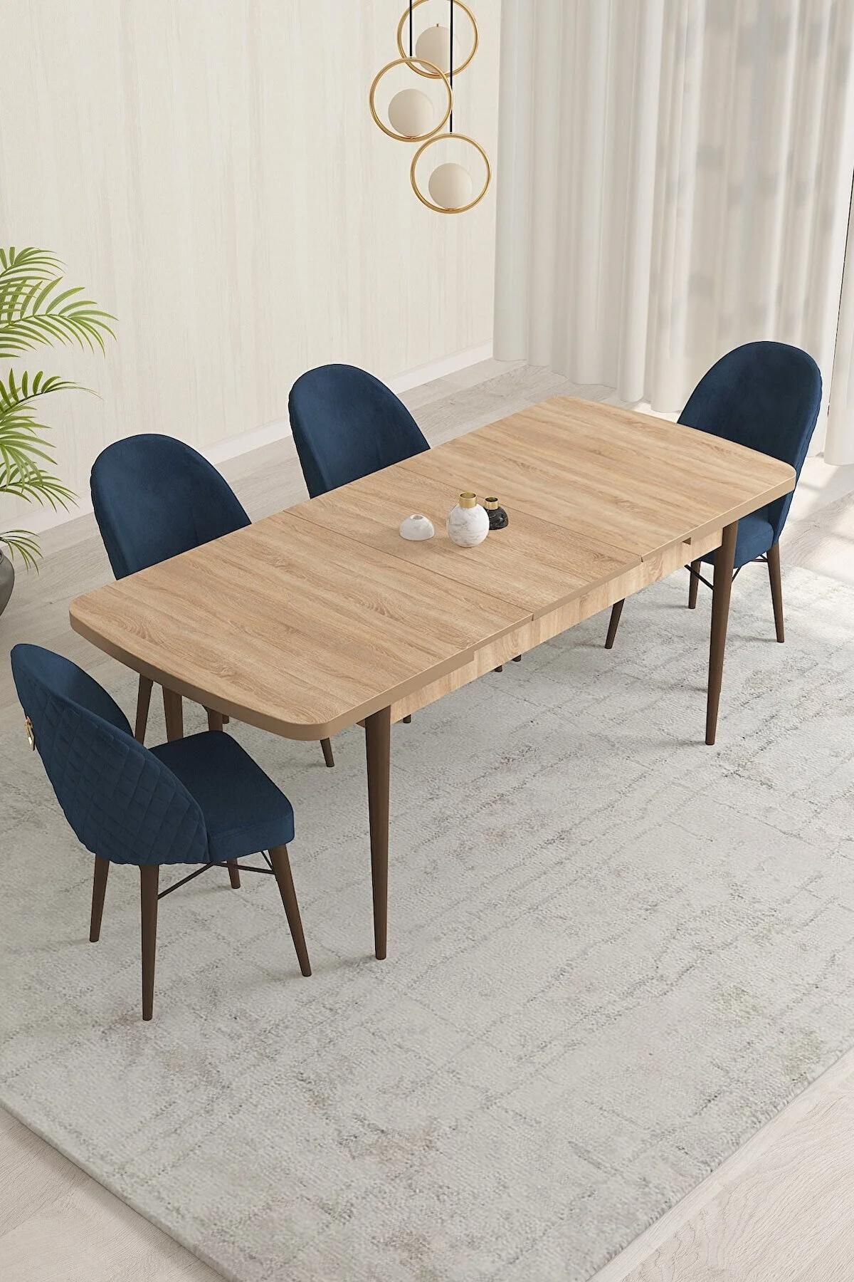 Liora Serisi Meşe 70x114 Açılabilir Mdf Mutfak Masası Takımı 4 Adet Lacivert Sandalye-1