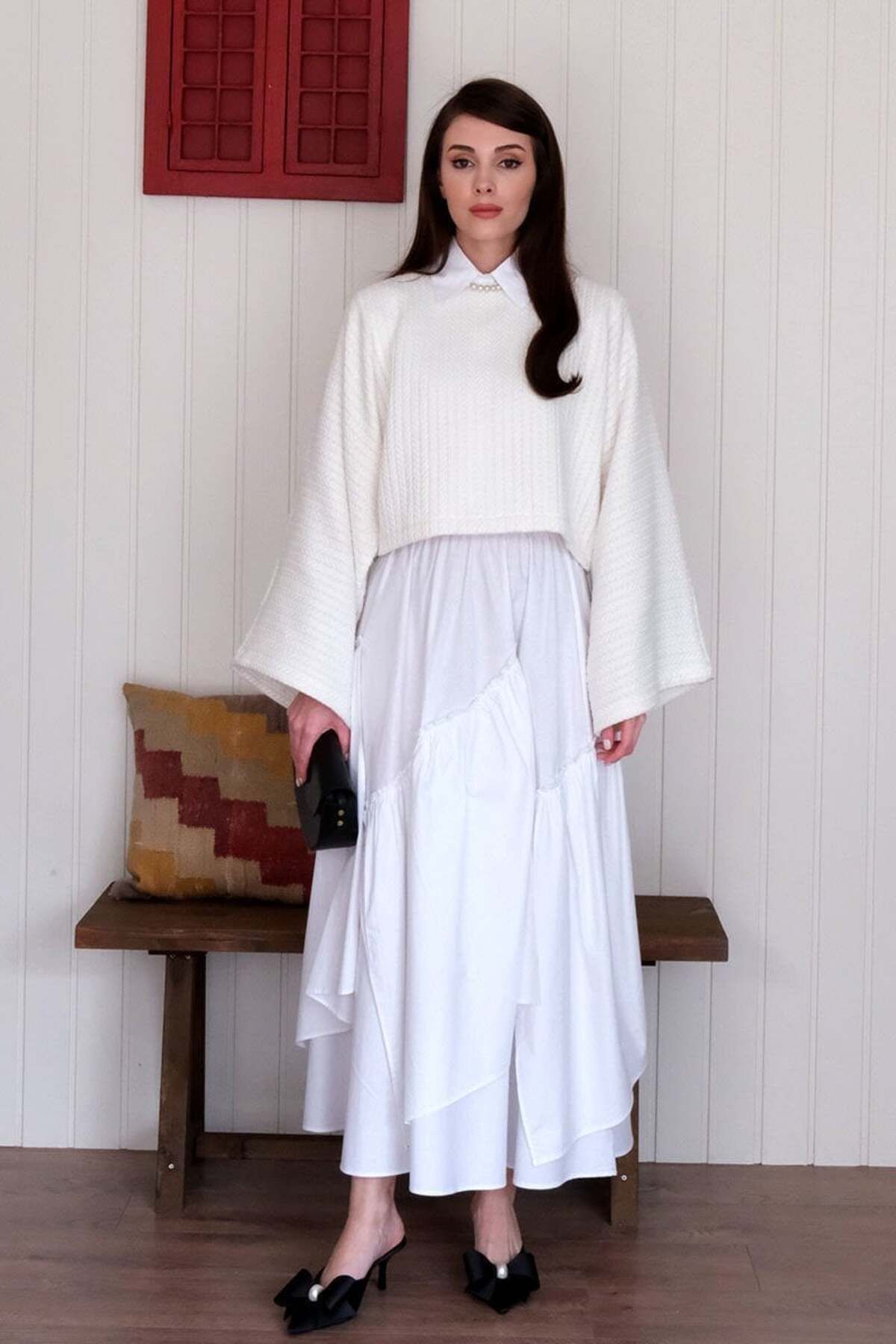 Ceylan Otantik-Ecru Bat Sleeve Knitwear Crop & White Fold Detail Bohemian Skirt 2