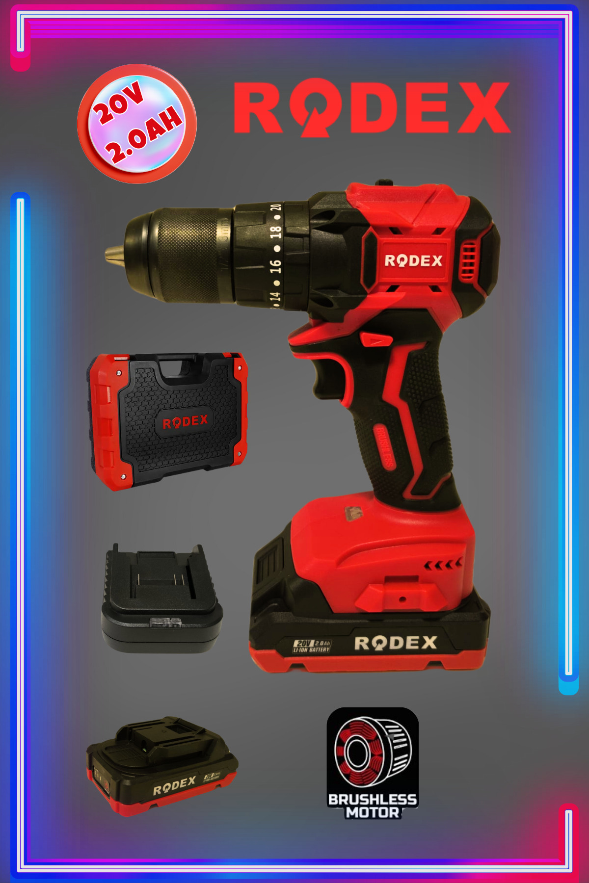 Rodex 20 V 2.0 Ah Çift Akülü Darbeli matkap Kömürsüz Motor RDX3404