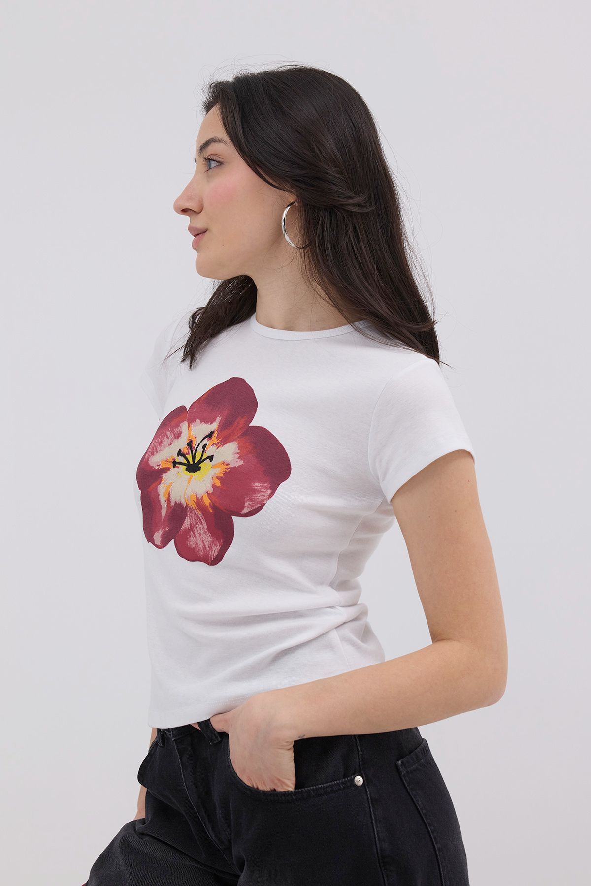 Addax-P1612 Model Flower Printed Short Sleeve T-Shirt 4