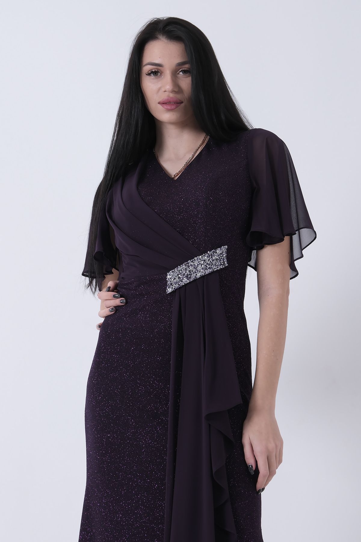 Feminist-Stone Detailed Half Sleeve Hijab Evening Dress Purple 08061271 7