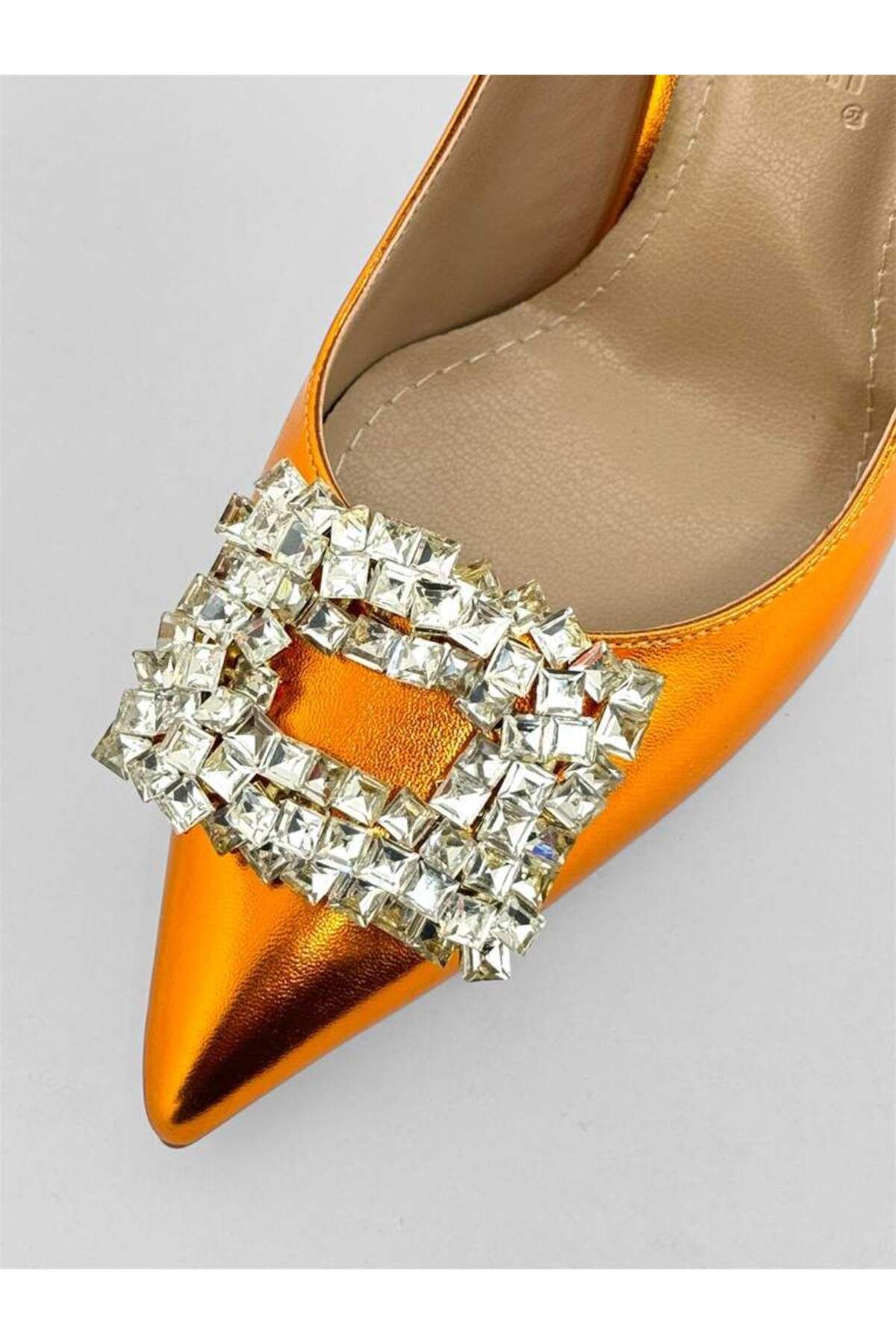 lescarpe-Bright Orange Matte Front Stone Detail Stiletto Pointed Toe Women's Heeled Shoes 4