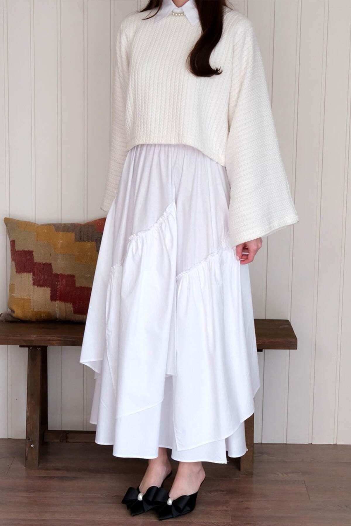 Ceylan Otantik-Ecru Bat Sleeve Knitwear Crop & White Fold Detail Bohemian Skirt 7