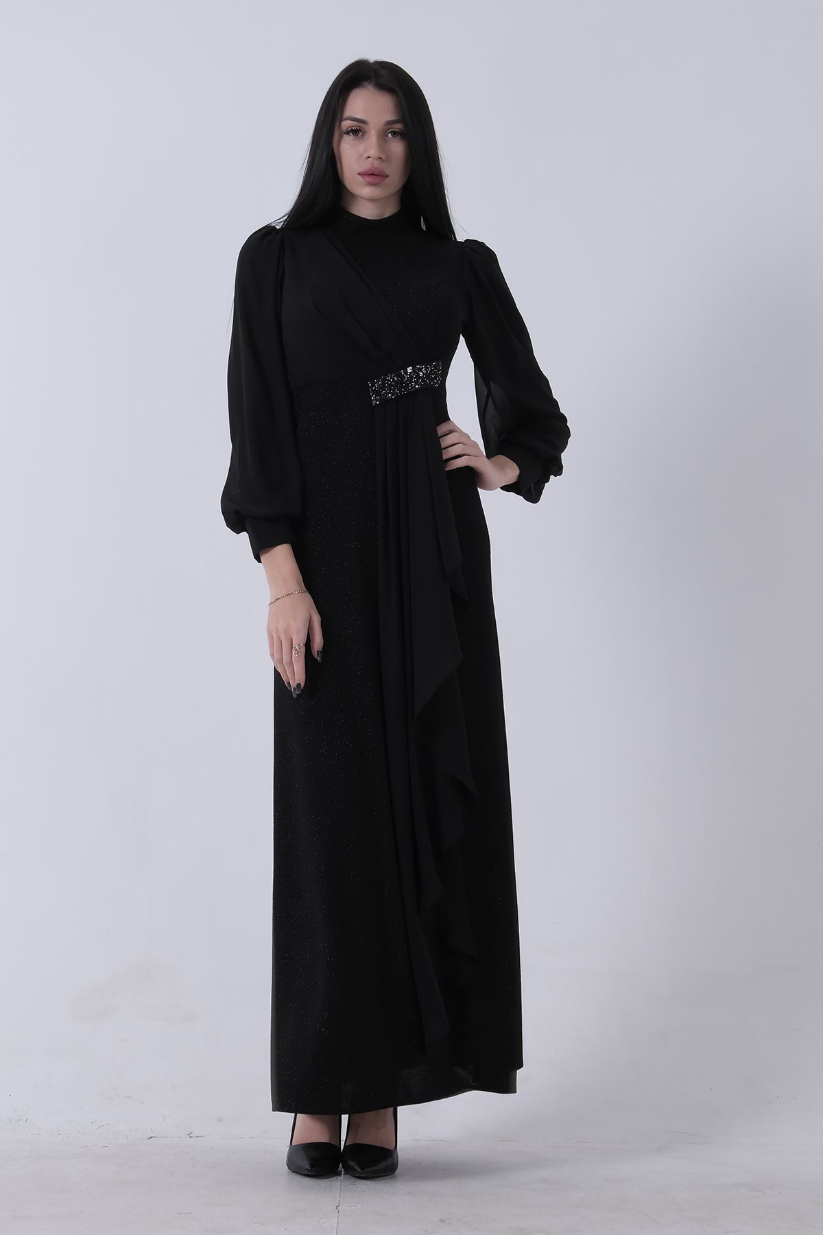 Feminist-Crew Neck Waist Stone Detailed Hijab Evening Dress Black 08061281 2