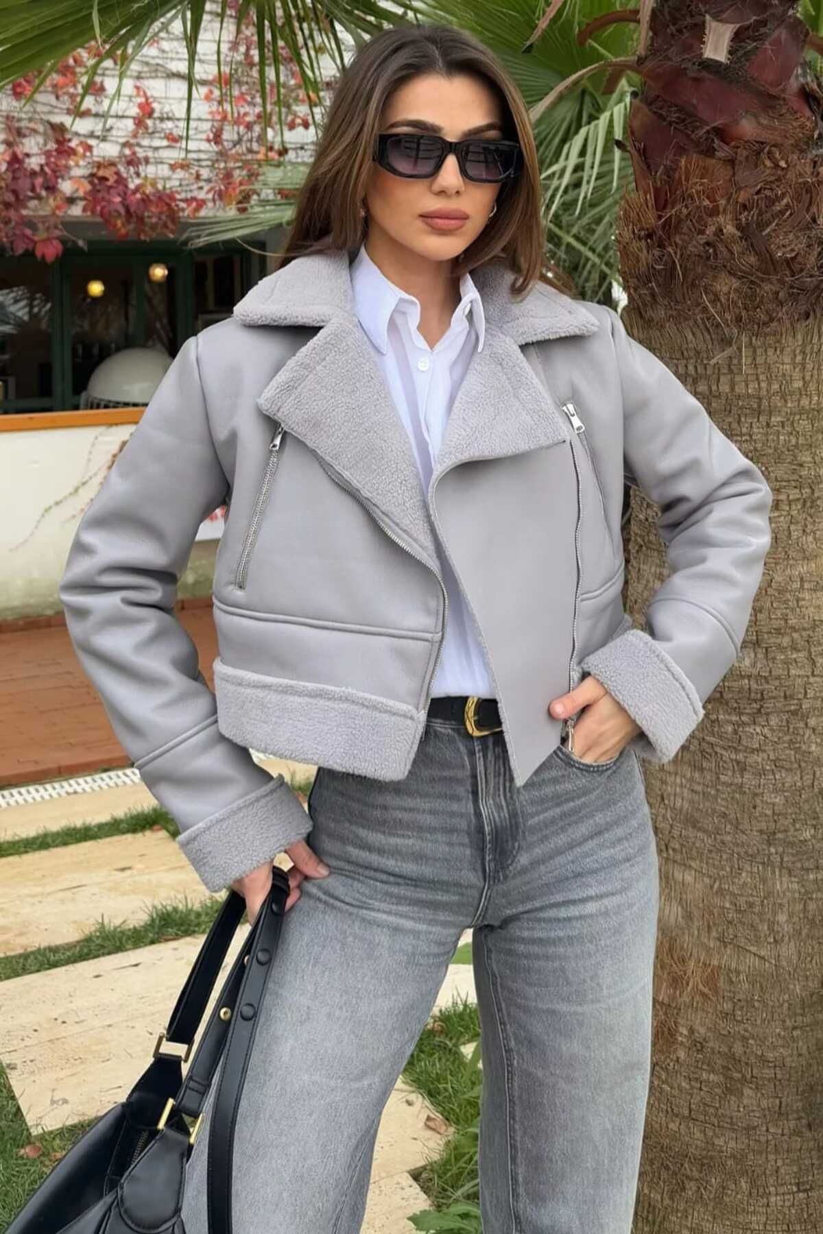 Pelin-Gray Leather Jacket with Fur Inside 1