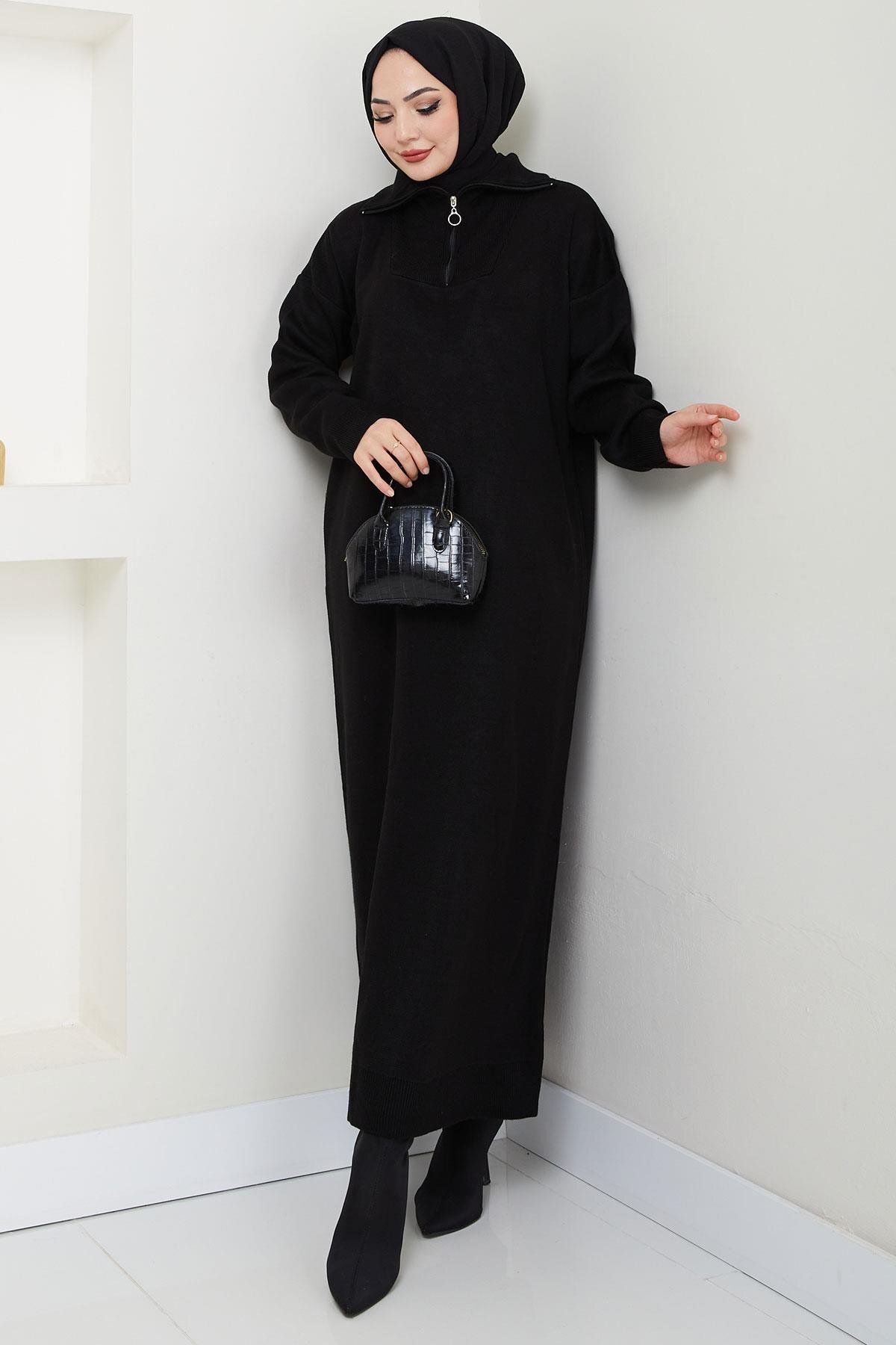 hafsamina-Black Knitwear Dress - Zip and High Top Hm2531 2