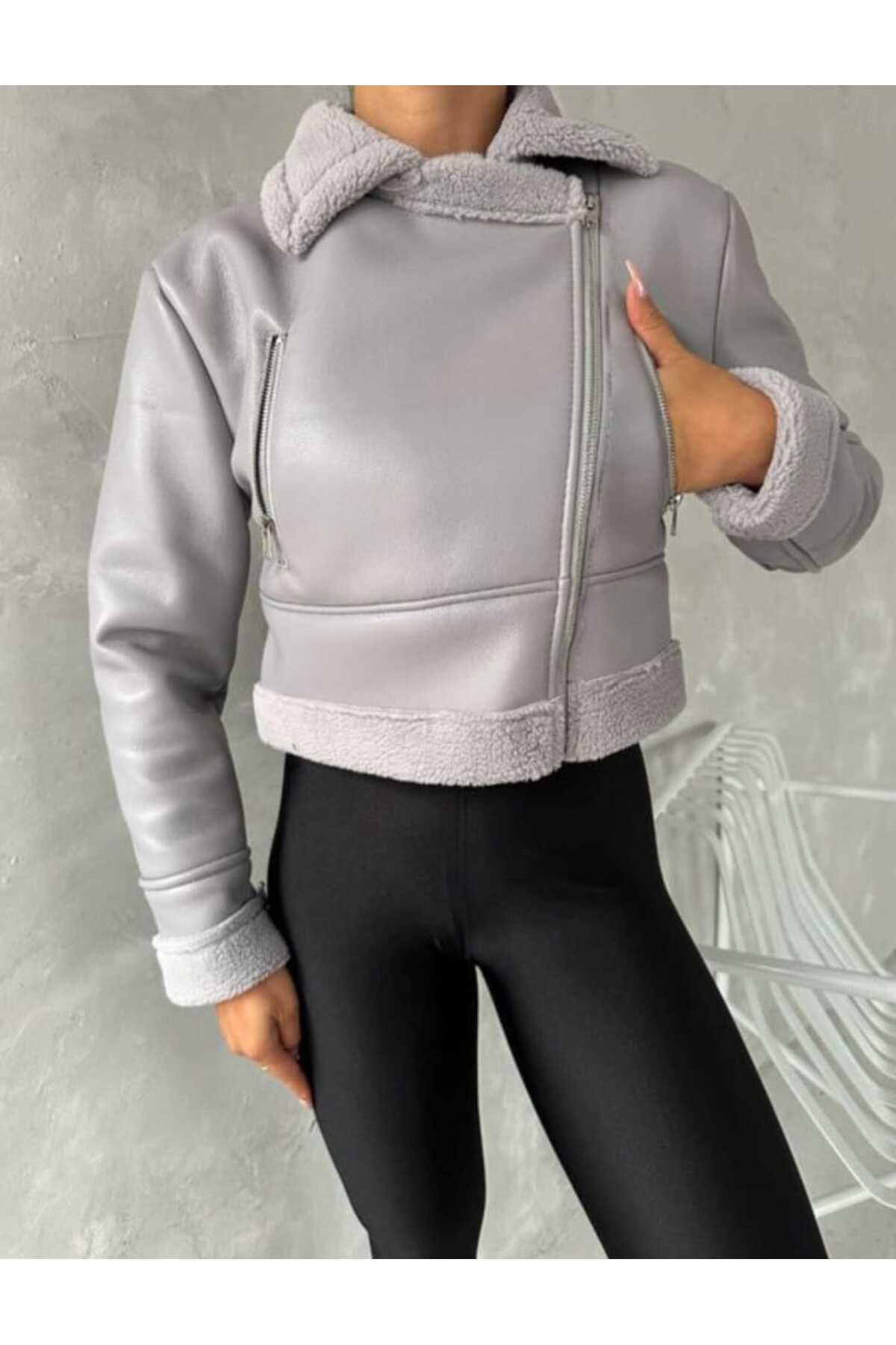Pelin-Gray Leather Jacket with Fur Inside 2