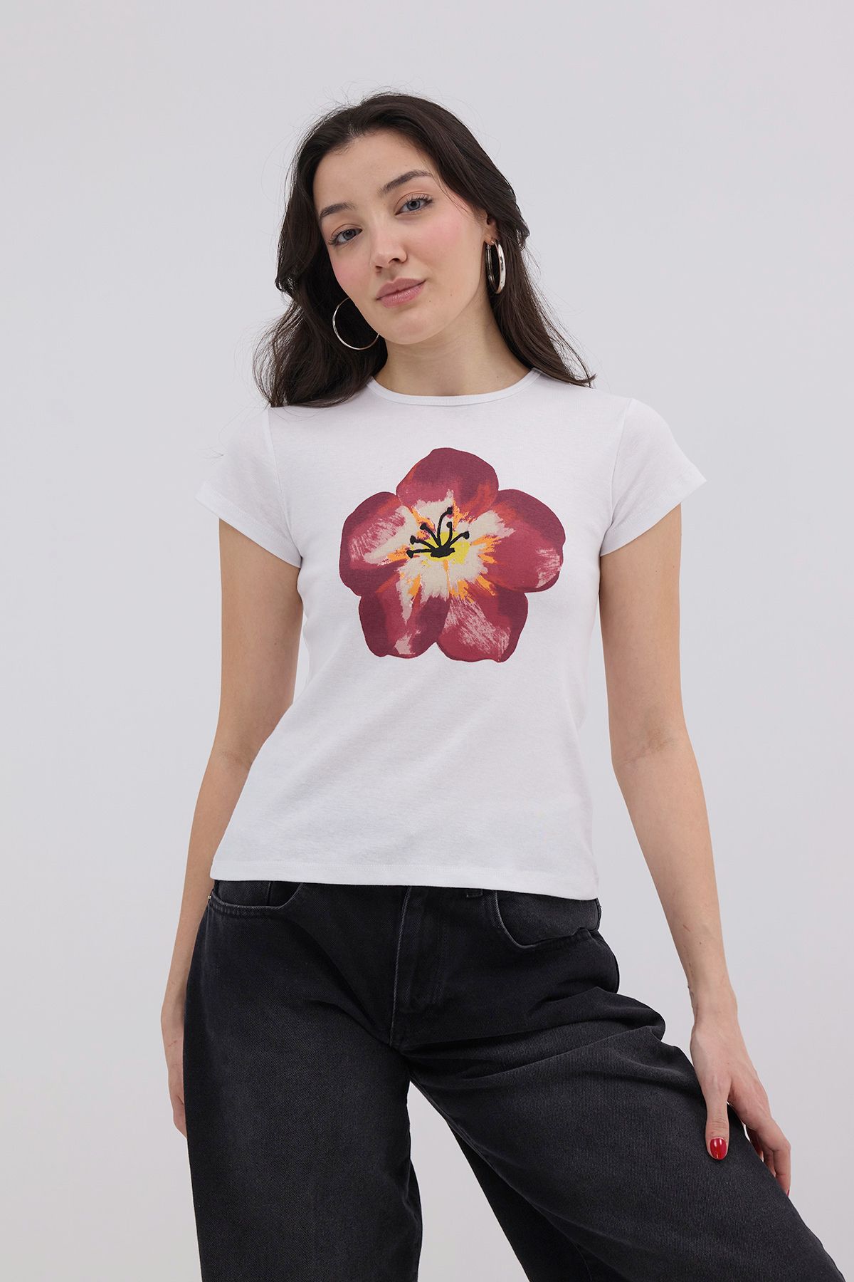 Addax-P1612 Model Flower Printed Short Sleeve T-Shirt 7