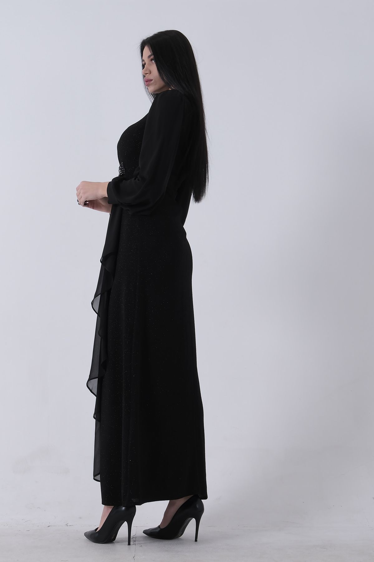 Feminist-Crew Neck Waist Stone Detailed Hijab Evening Dress Black 08061281 4