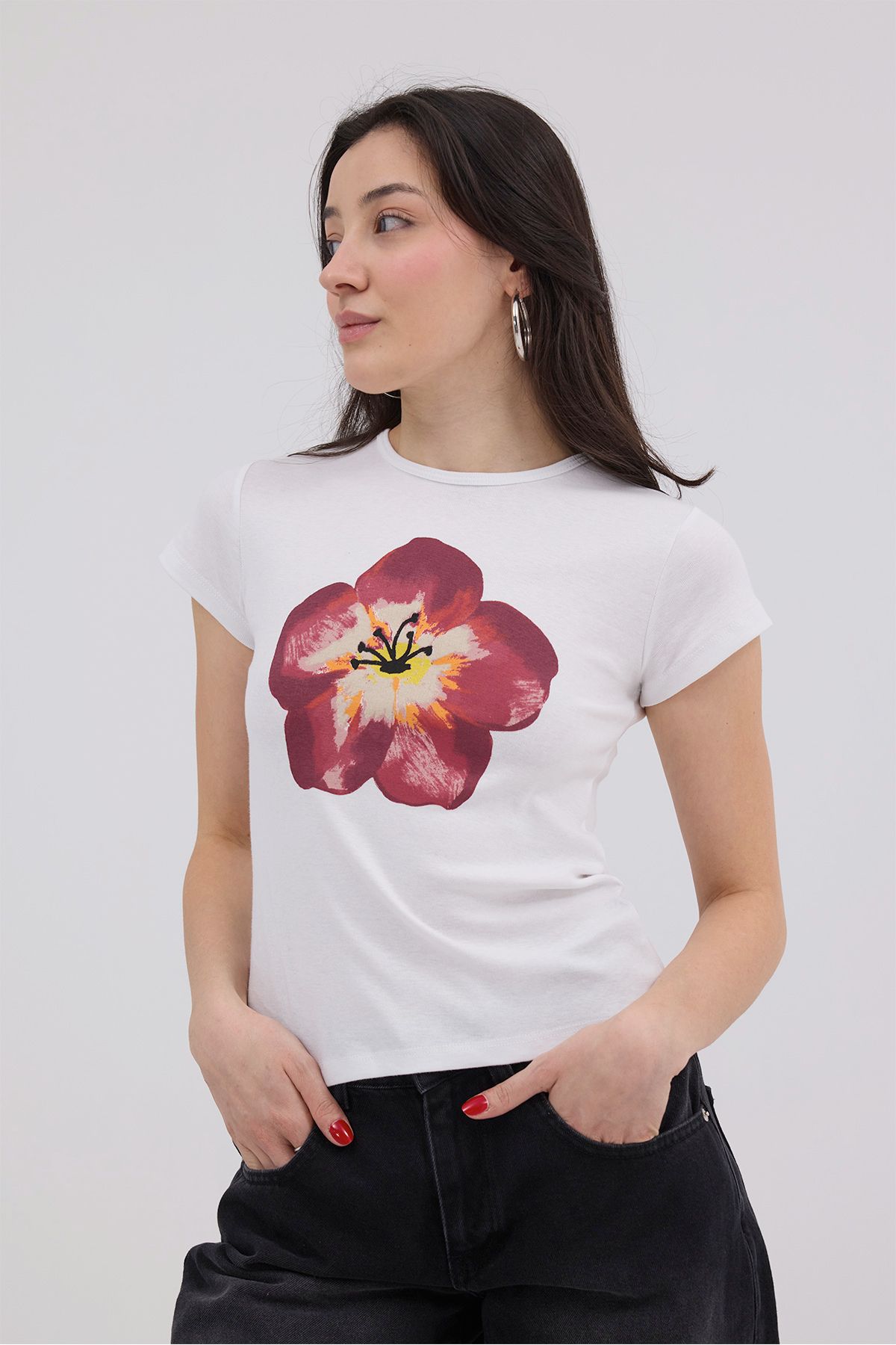 Addax-P1612 Model Flower Printed Short Sleeve T-Shirt 2