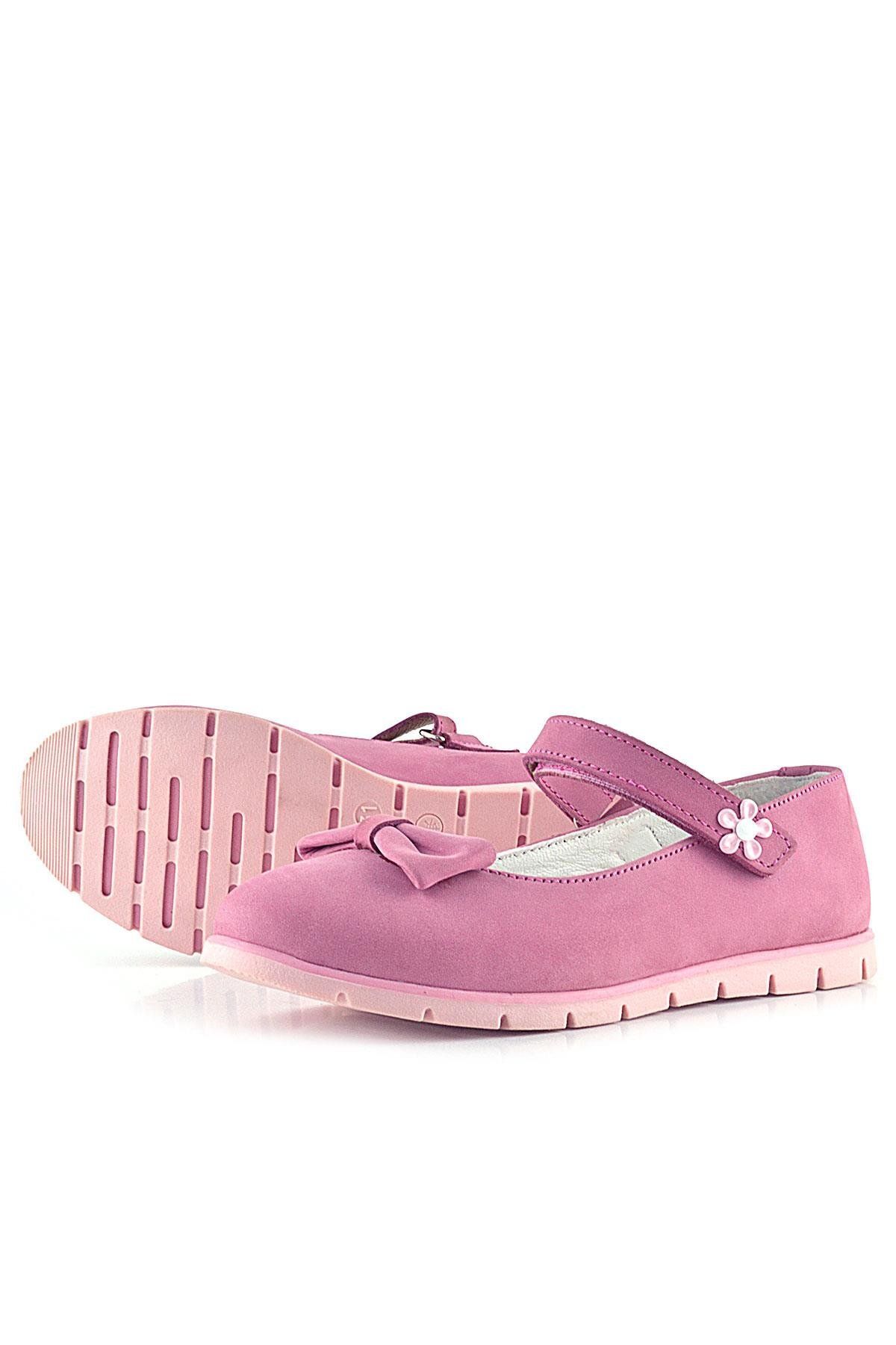 Rakerplus-Genuine Leather Pink Bow Flower Detailed Velcro Girls' Ballerinas 6