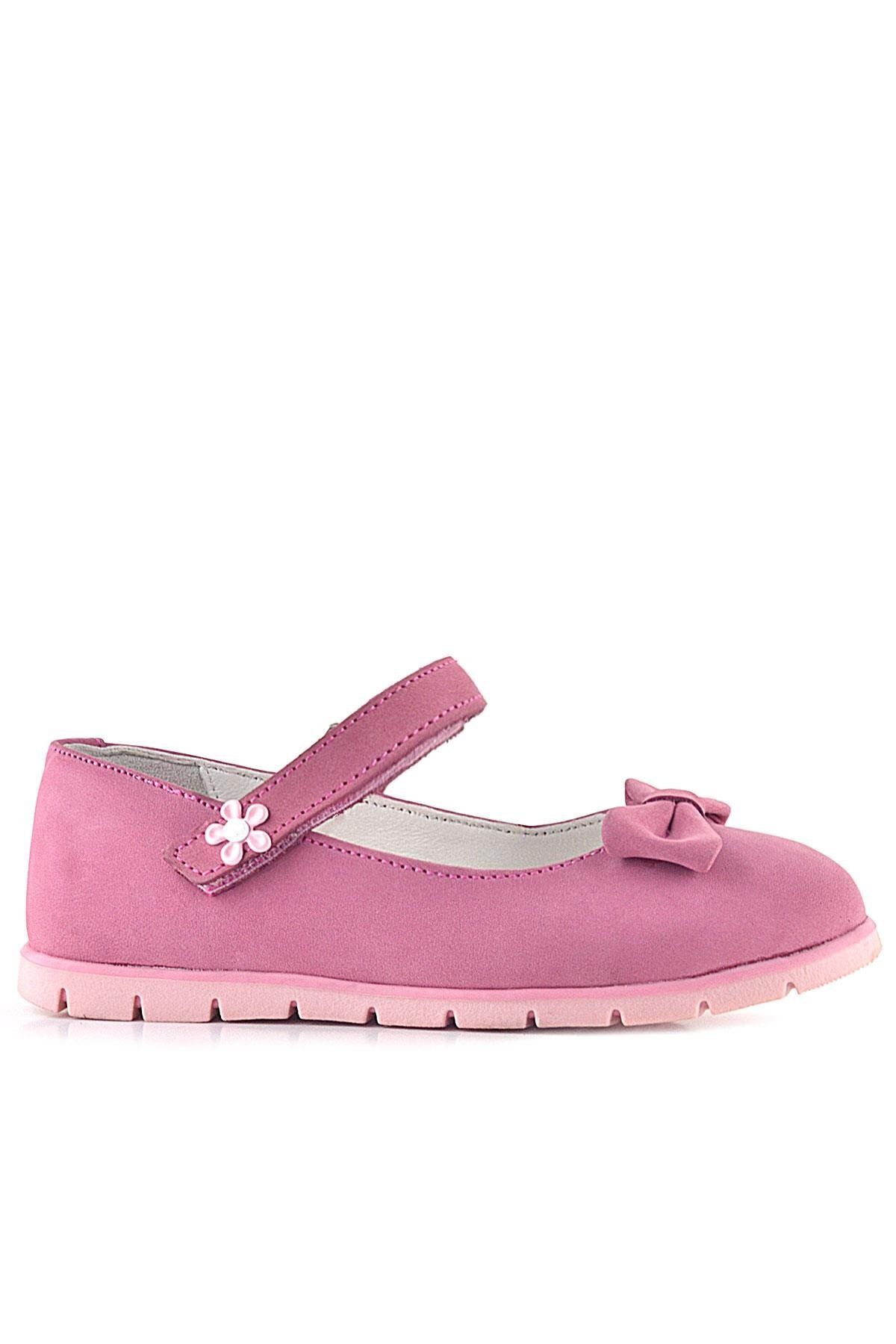 Rakerplus-Genuine Leather Pink Bow Flower Detailed Velcro Girls' Ballerinas 2