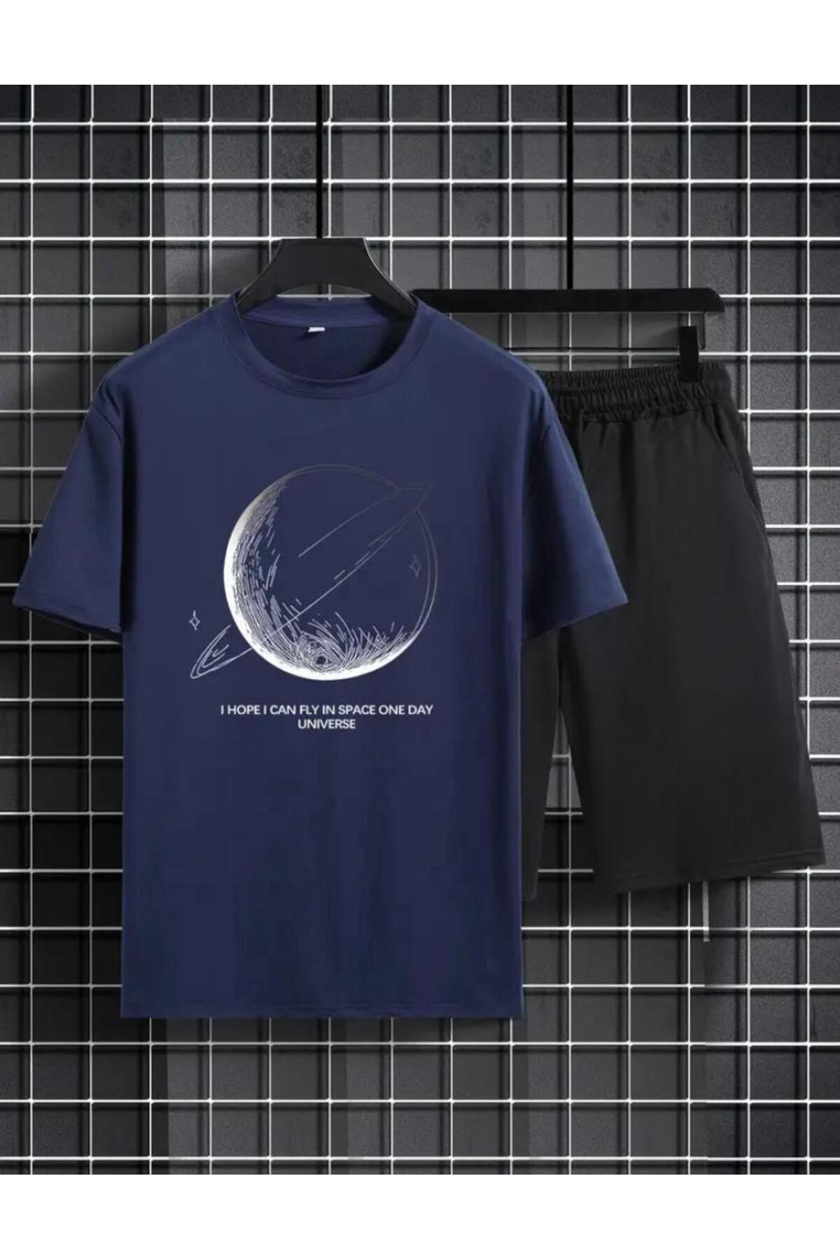 Saturn Printed T-shirt with Ring Short Wide Leg Comfortable Fit Black Bottom Navy Blue Top Short Set