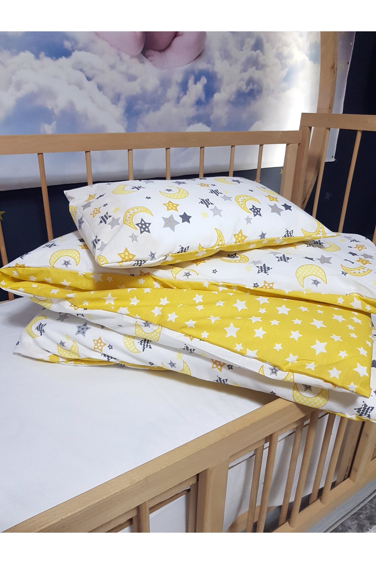 bebek_iklimi 5 Parça 90x130 Bebek Uyku Seti - Ay Yıldız Sarı Yorgan Yastık Çarşaf Seti fotoğrafı 6 (önizleme)