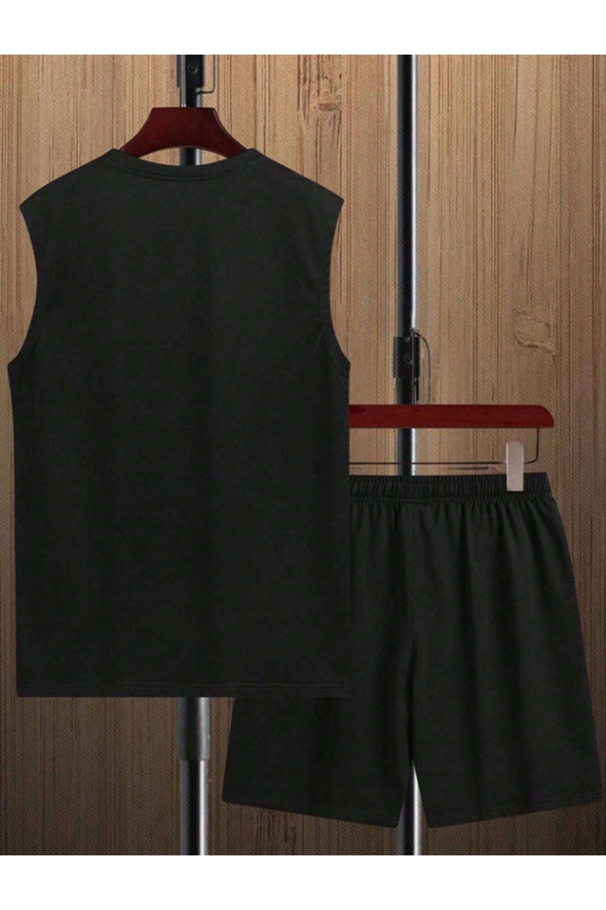 Boi-Men's Zero Sleeve Combination Bottom Top Set - Black and White Sleeveless Oversize Printed Set 2