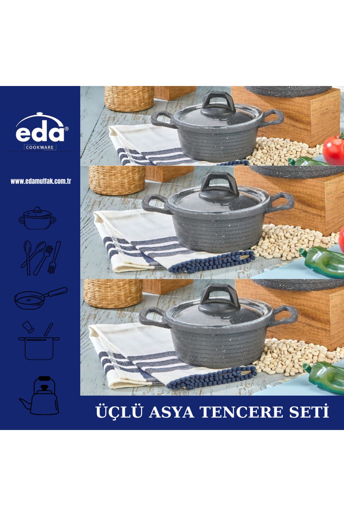 Eda-طقم أواني طهي عميقة آسيوية - 16/18/20 طقم ثلاثي 3