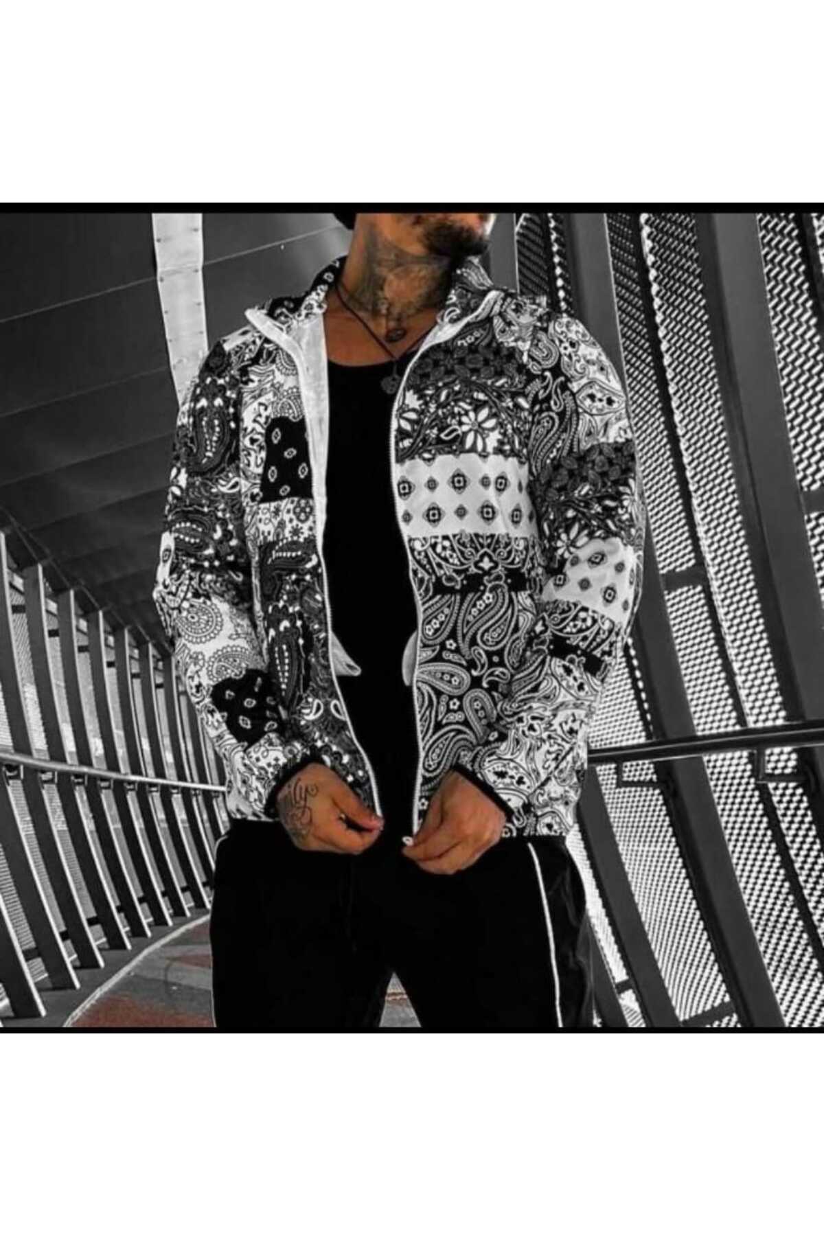 Genel Markalar Unisex Paraşüt Kumaş Oversize Dijital Baskılı Siyah Rüzgarlık Yağmurluk — خاکستری MODATEKSDjtlygmrlk