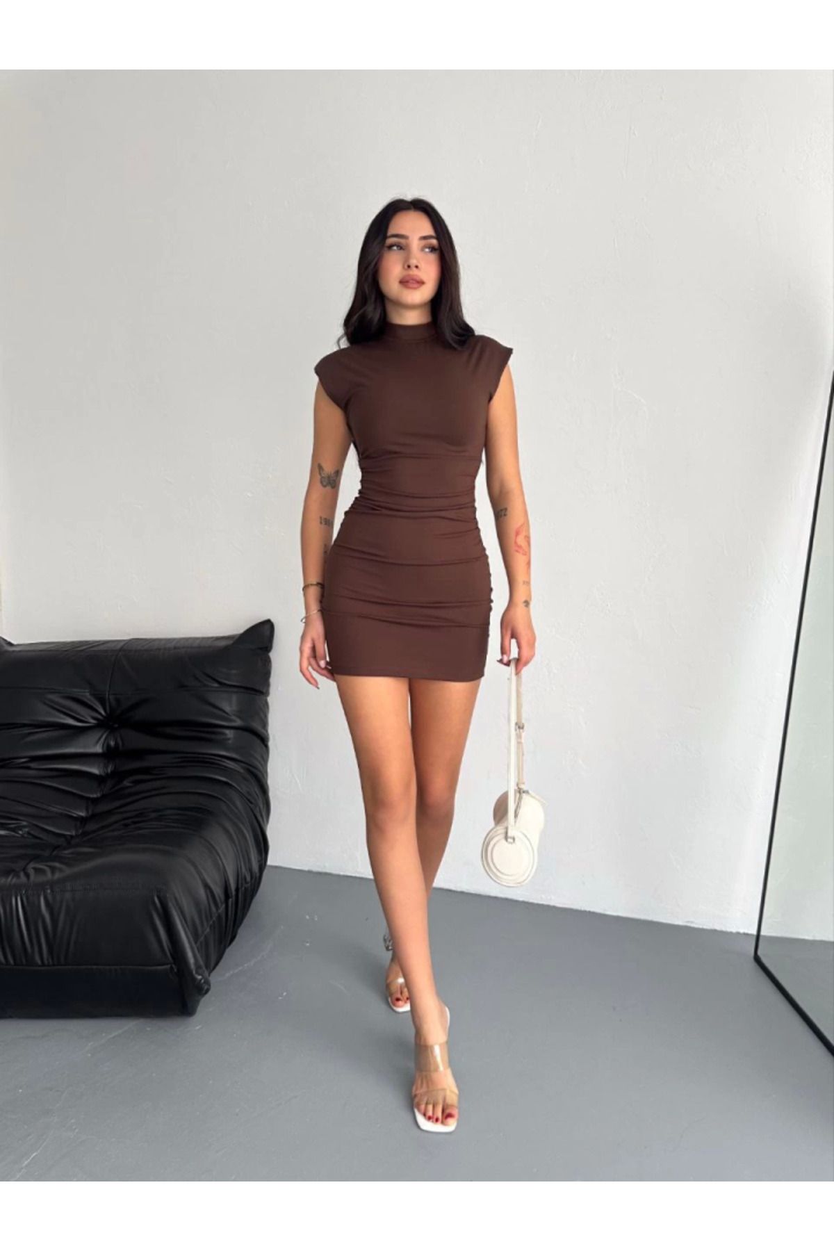 meisa Yarım Bogazlı Kolsuz Mini Boy Elbise - Kahve