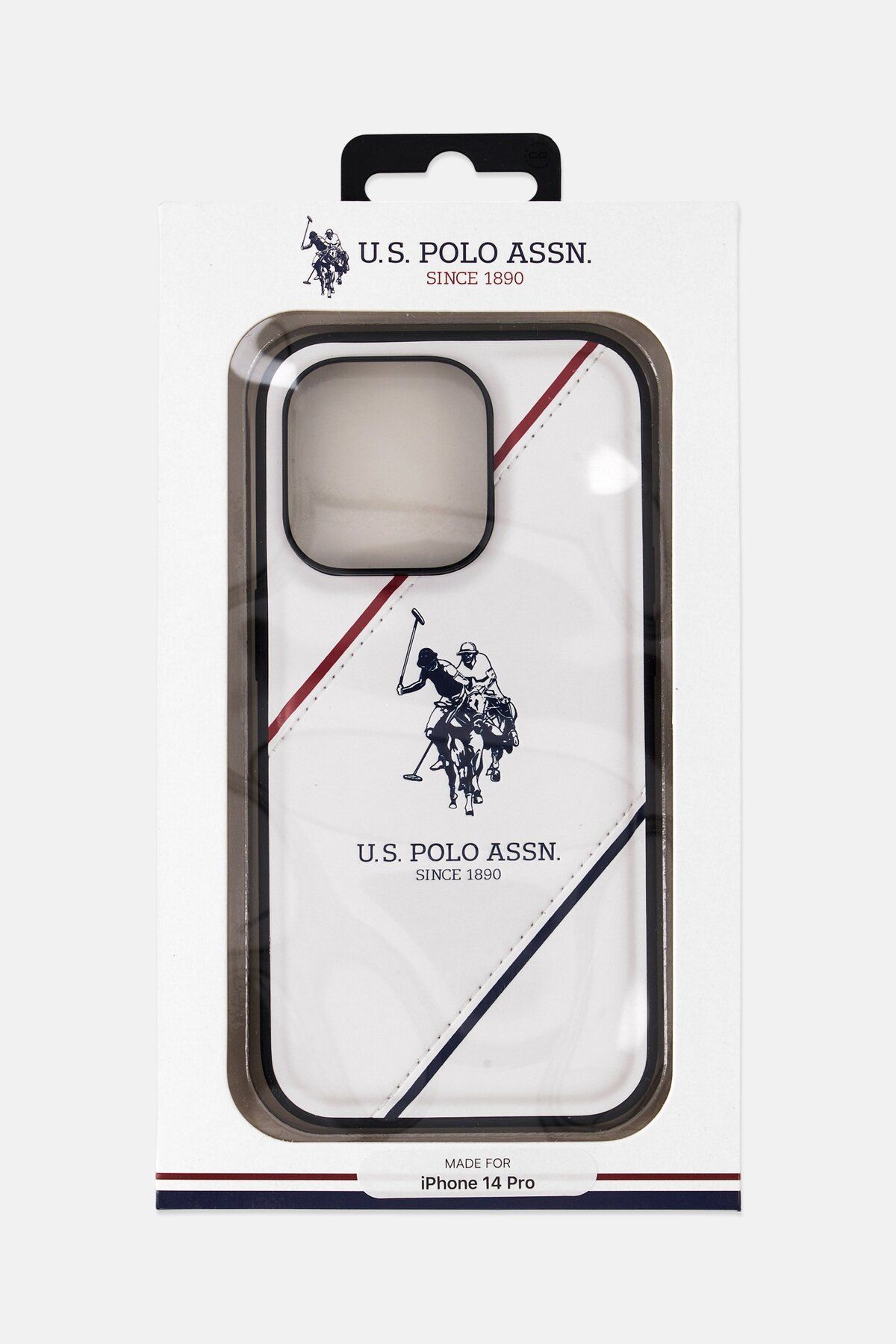 U.S. Polo Assn.-جراب جلدي منقوش بخطين مزدوجين لشعار الحصان لهاتف iPhone 14 Pro، باللون الأبيض 1