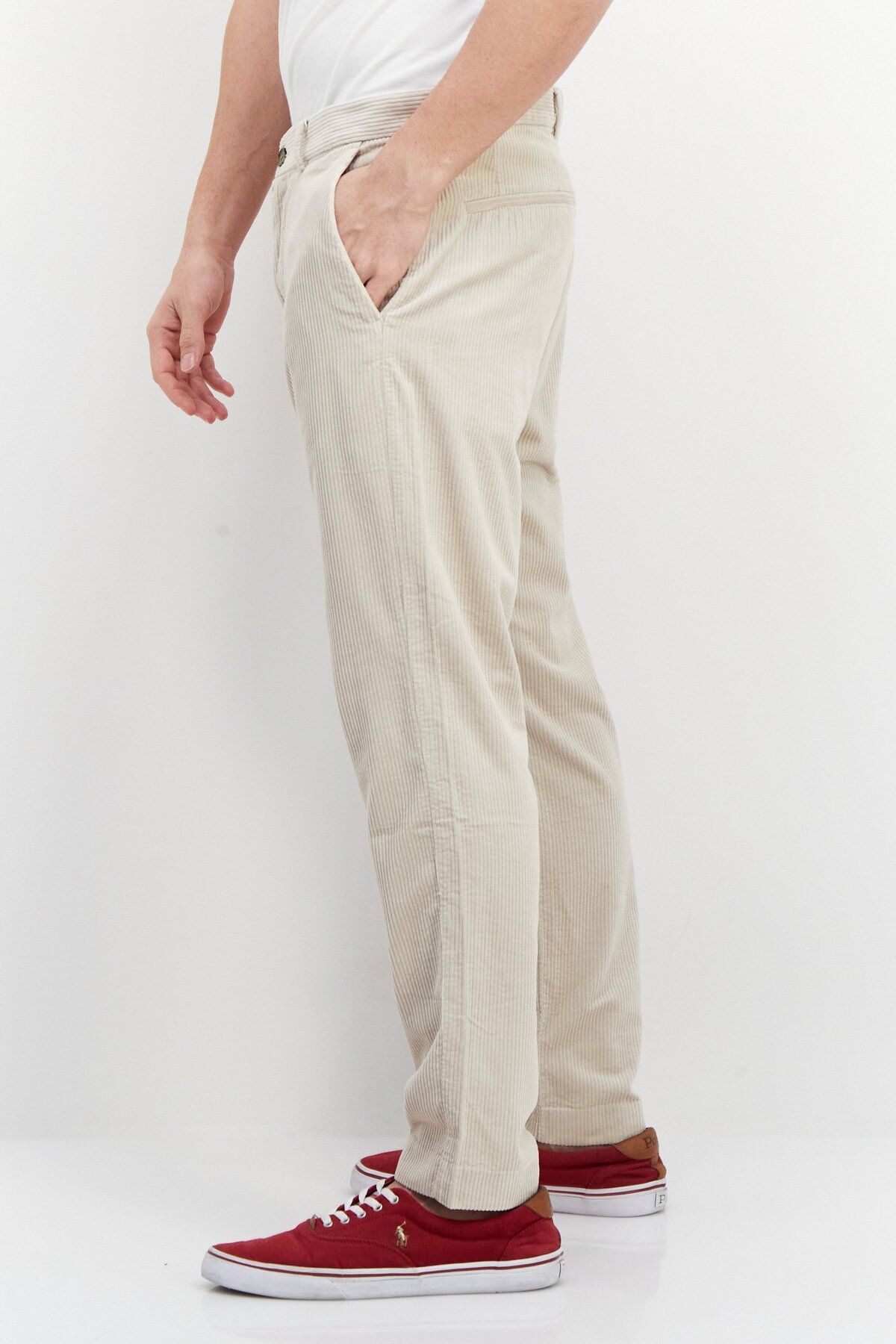 Esprit-بنطال رجالي من قماش مخملي بقصّة Slim Fit، لون رملي 4