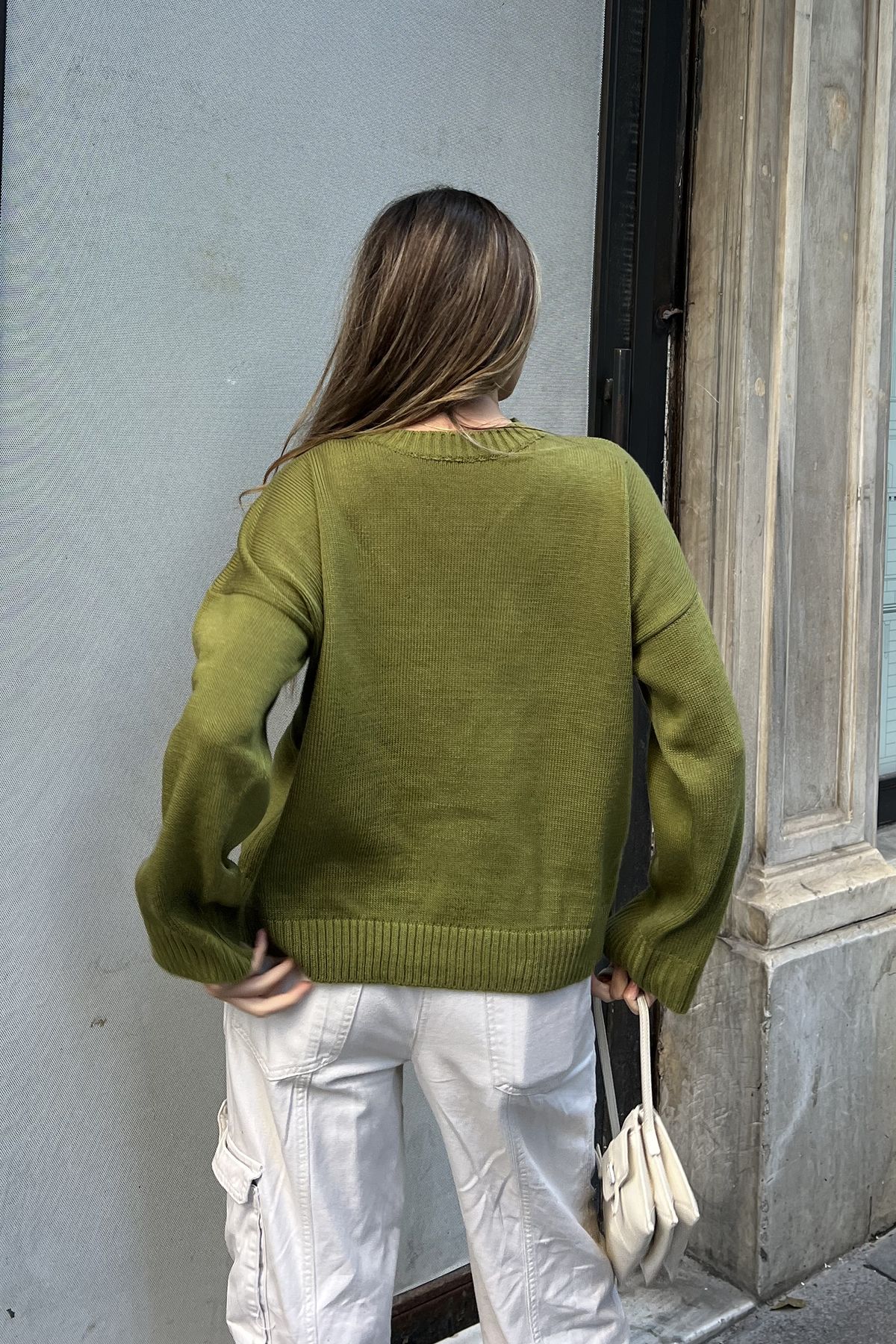 la & vetta-Olive Green Crew Neck Oversize Knitwear Sweater 6