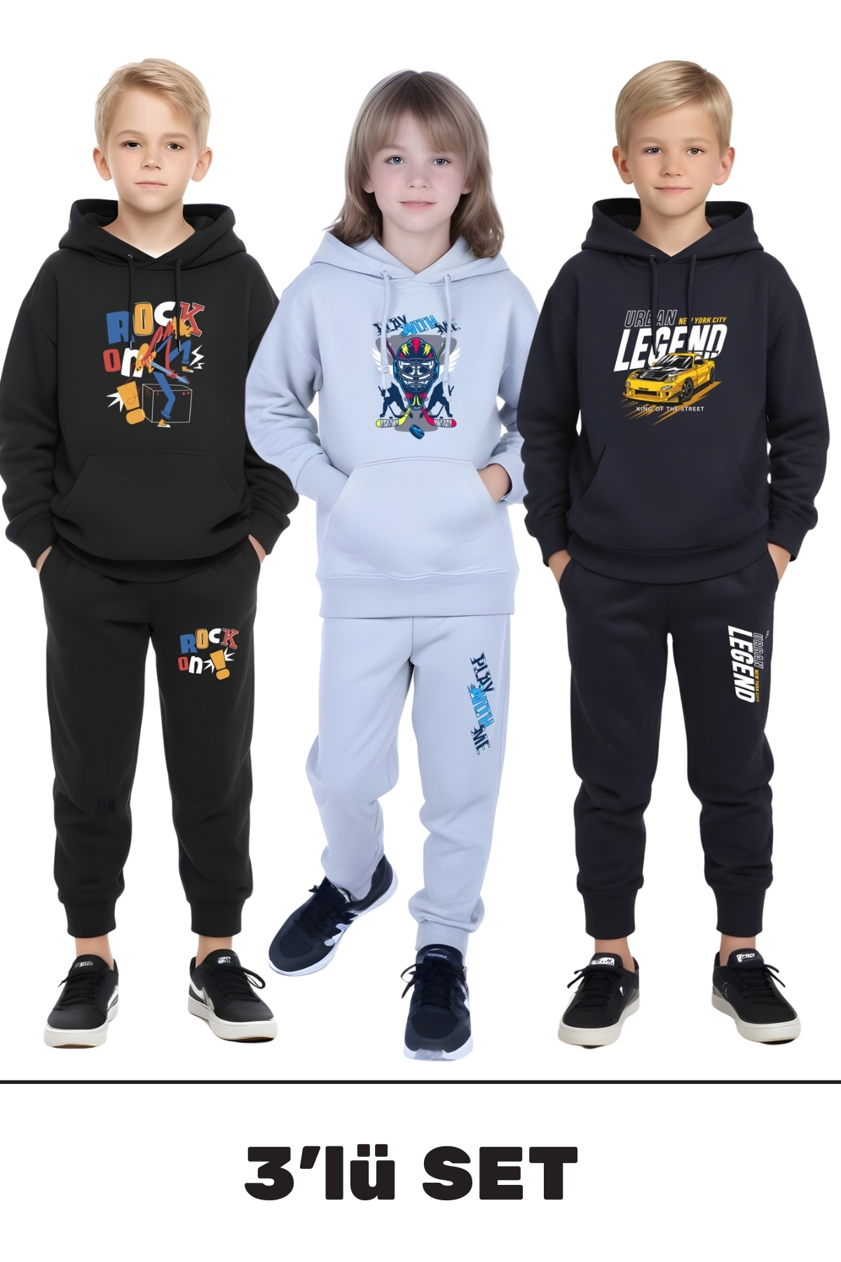 3-Pack Boys Hooded Collar Print Detailed Tracksuit