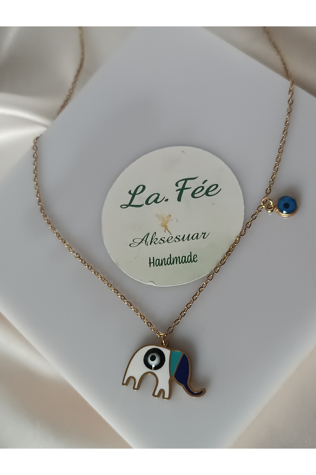 La fee aksesuar Kadın Çelik Kolye Fil & Nazar Boncuk Kolye Şans