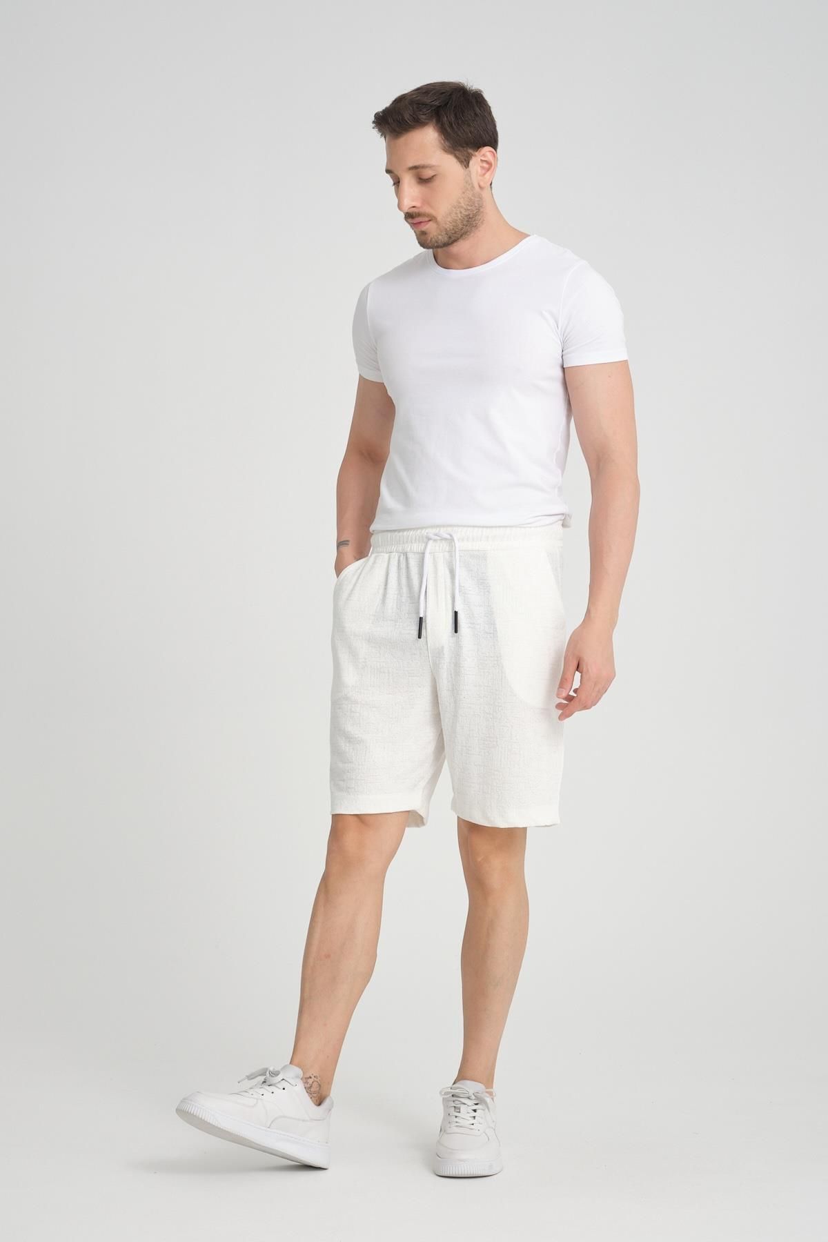 Valiberta-White Lycra Knitted Patterned Elastic Shorts 3