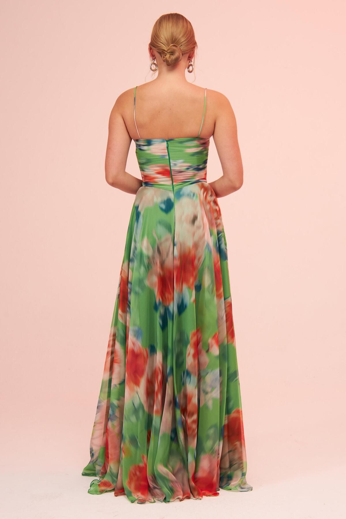 Carmen-Green Strap Slit Printed Evening Dress 5