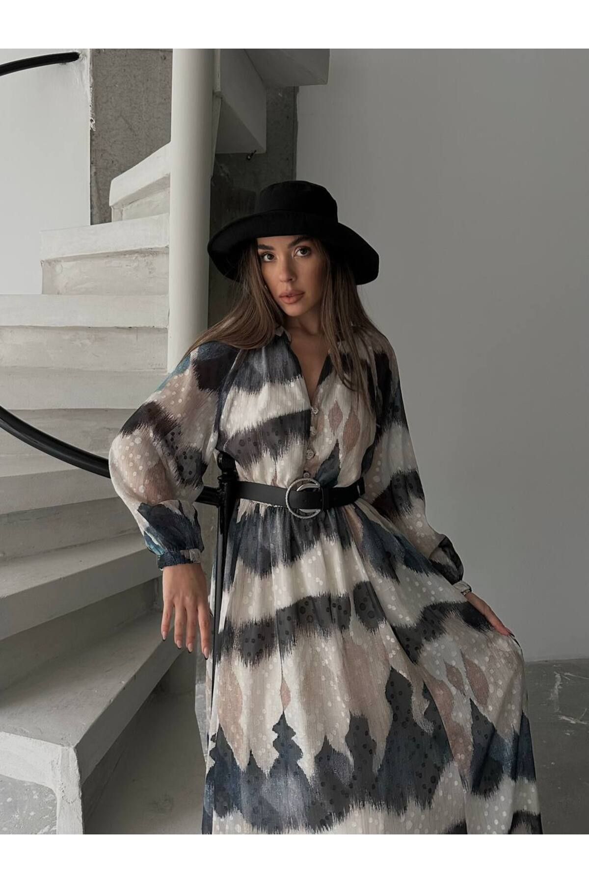 Bak'ap-Chiffon Lining Print Long Chiffon Dress with Belt 2