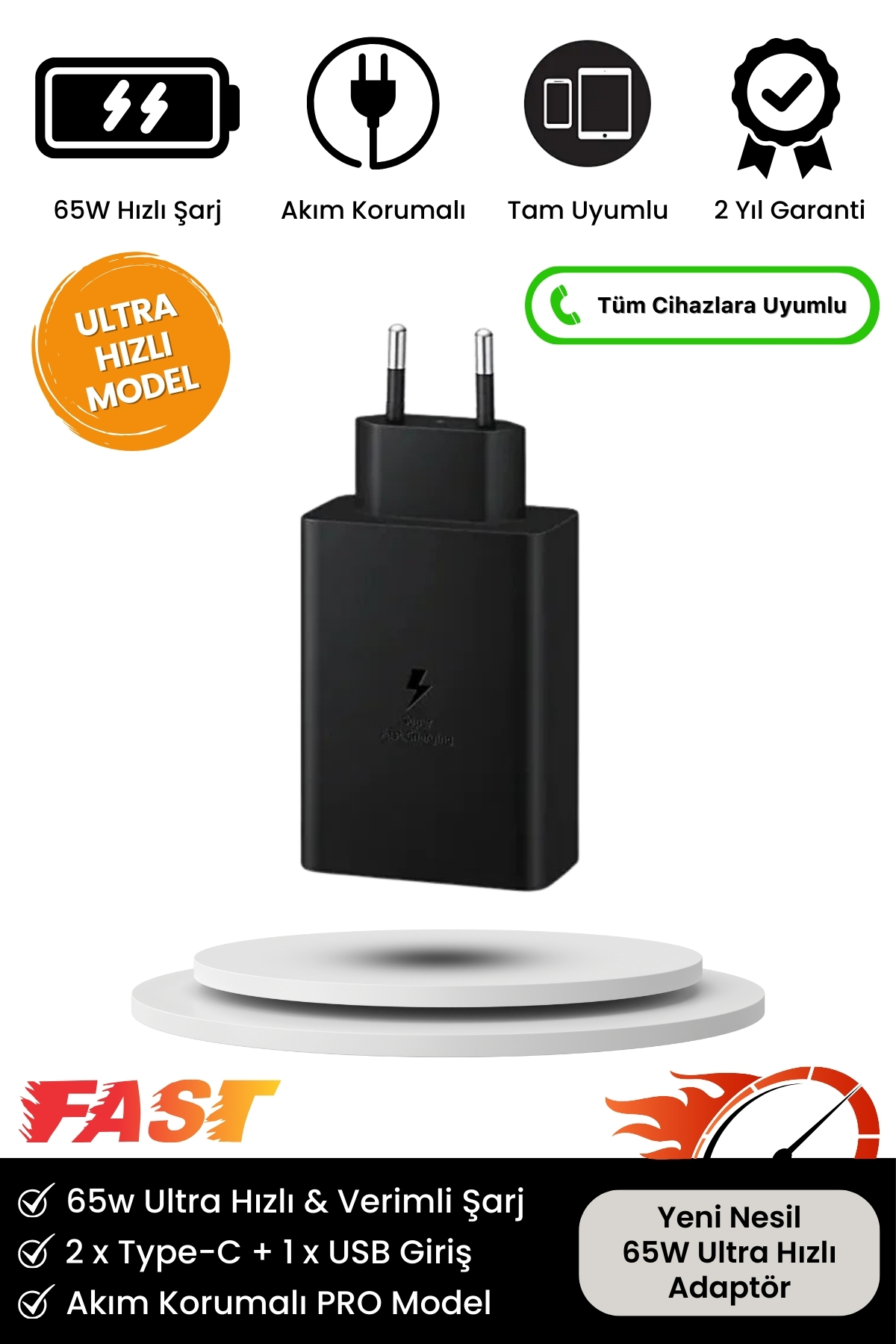 Yeni Nesil 3in1 65W Ultra Hızlı Şarj Tüm Telefonlara Uyumlu Type-C ve USB 3 Girişli Güç Adaptör