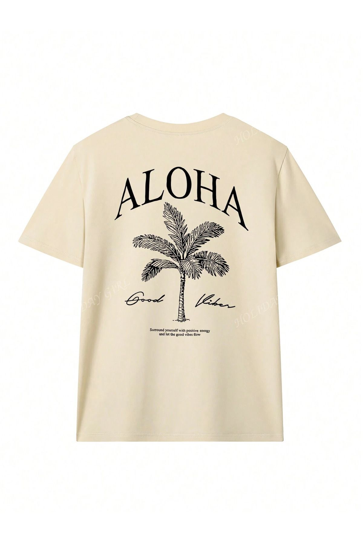 Benisengiydir-Tricou de damă bej cu imprimeu Aloha cu decolteu 2