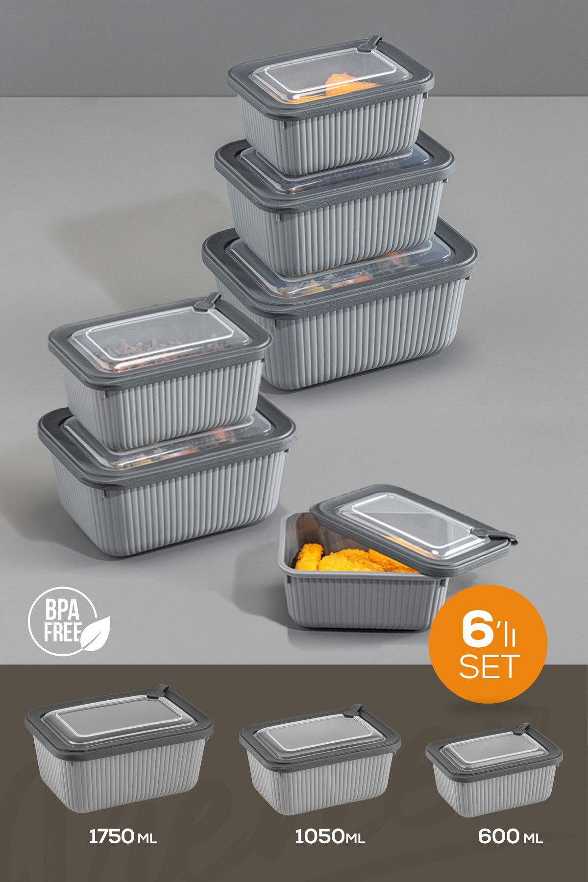 Vienev-Set of 6 Vip Rectangular Microwave and Diffracted Suitable Storage Containers Gray 2X(1750,1050,600 ml) 1