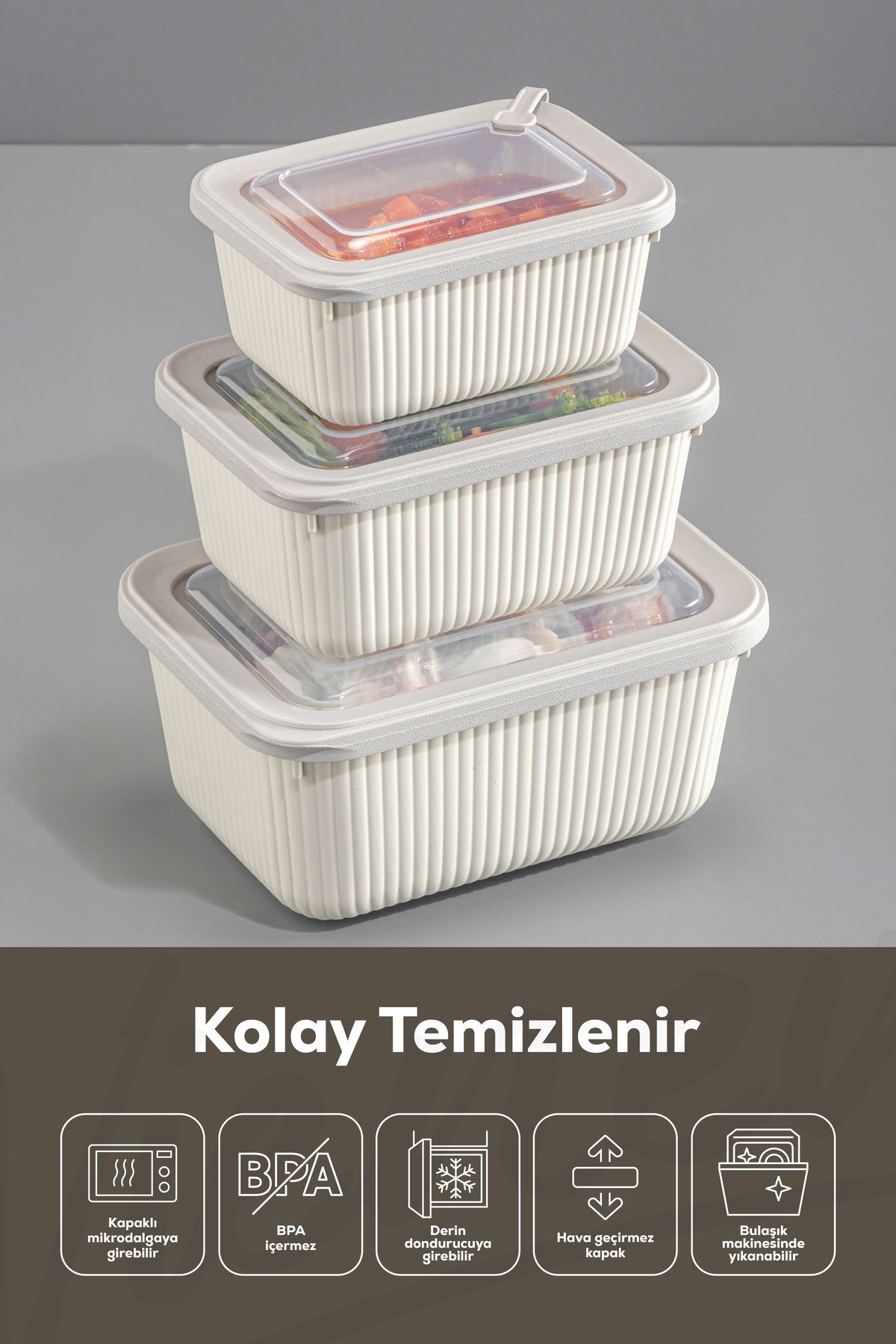 Vienev-Beige 3X(1750,1050,600 ml) Vip Rectangular Microwave & Diffuse Storage Container Set 3